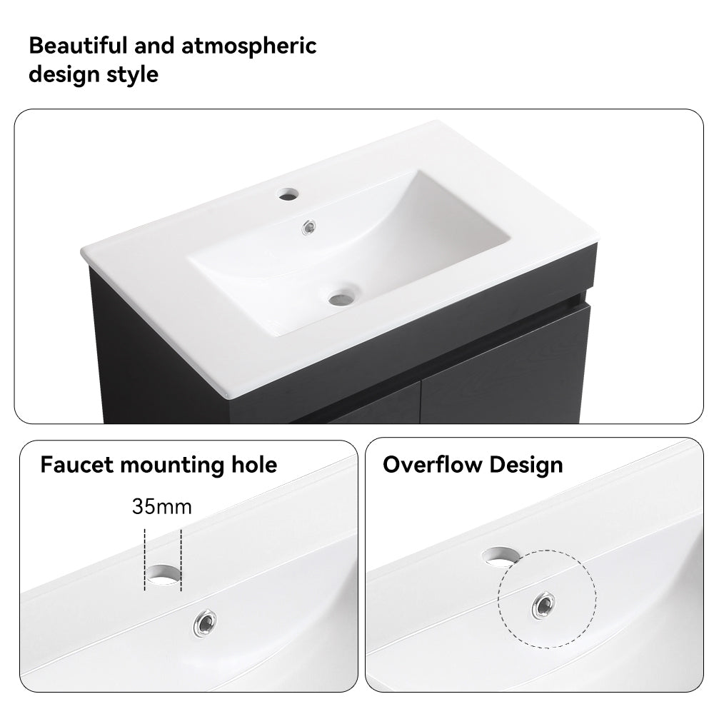 30 Inch Wall Mounted Bathroom Vanity With White Ceramic Basin,Two Soft Close Cabinet Doors, Solid Wood,Excluding Faucets,Black Black Solid Wood