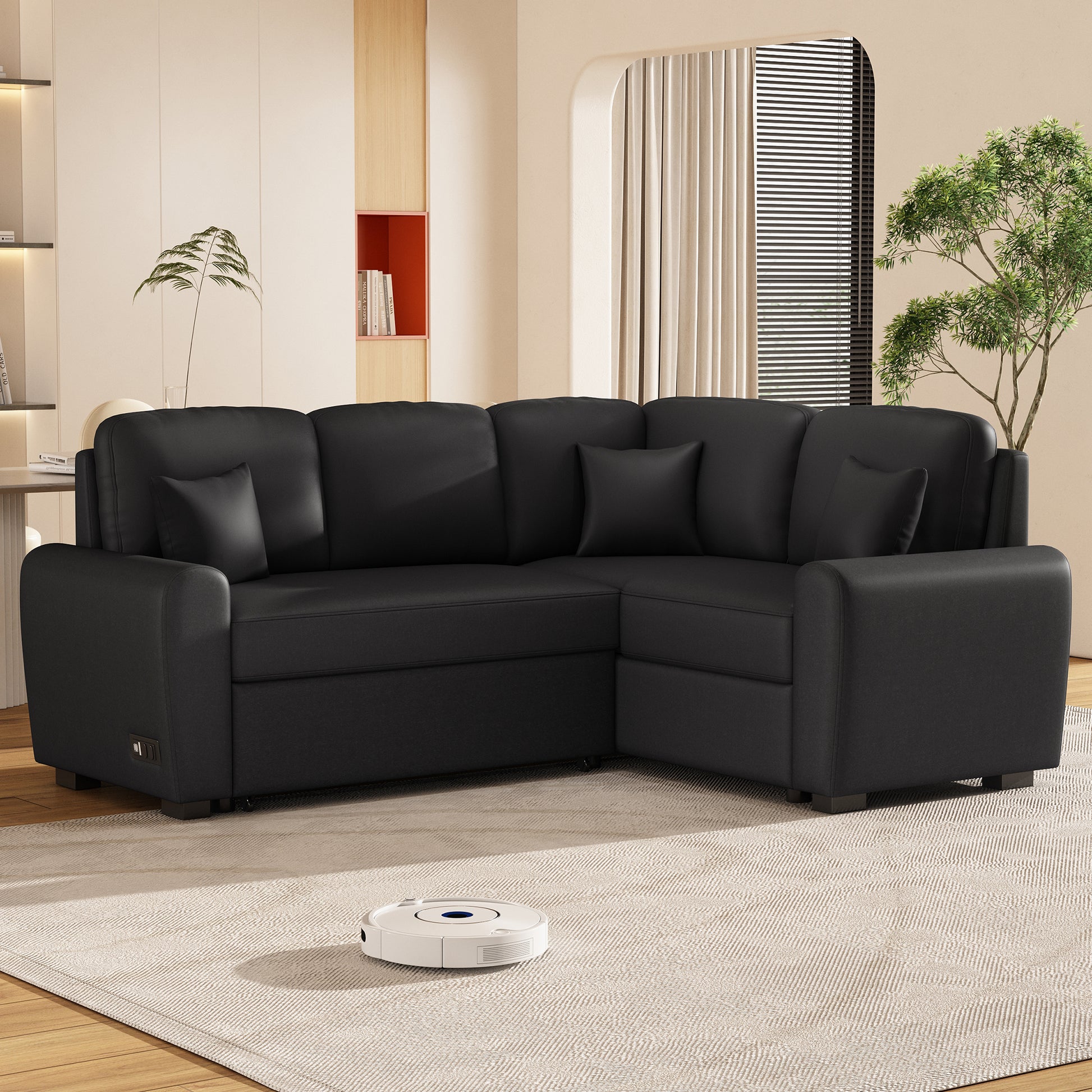 87.4"Sectional Sleeper Sofa With Usb Charging Port And Plug Outlet,Pull Out Sofa Bed With 3 Pillows, L Shape Chaise For Living Room Small Apartment,Black Old Sku Sg000720Aab Black Foam Linen