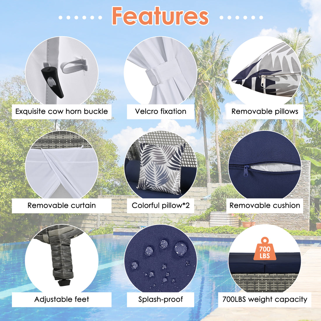 90.5" Length Outdoor Sunbed With Colorful Pillows, Wicker Patio Daybed With Cushions, Tent Shape, Gray And Blue Yes Blue Grey Wicker