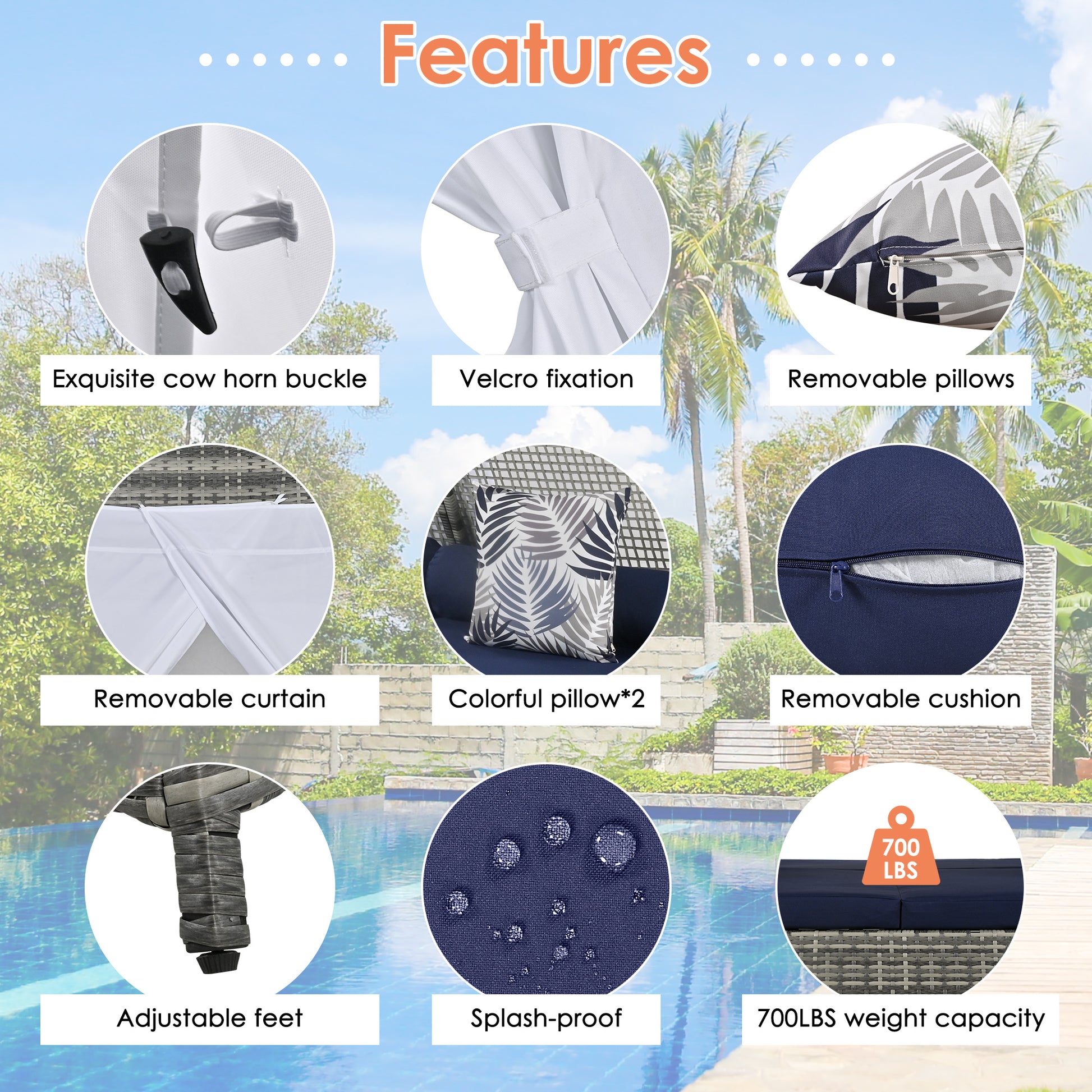 90.5" Length Outdoor Sunbed With Colorful Pillows, Wicker Patio Daybed With Cushions, Tent Shape, Gray And Blue Yes Blue Grey Wicker