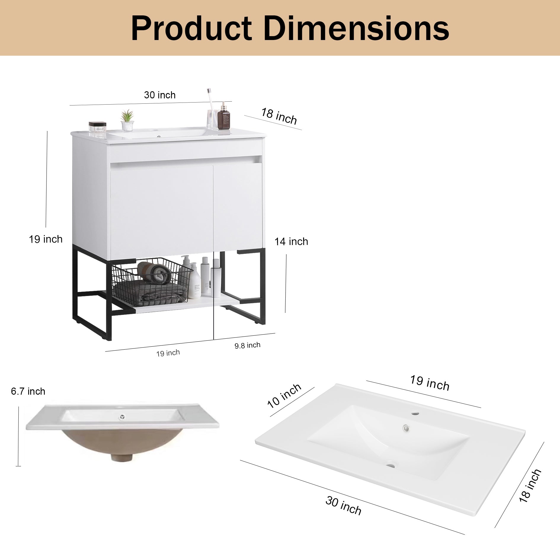 30" Bathroom Vanity With Sink,Bathroom Vanity Cabinet With One Soft Close Cabinet Doors & Soft Close Drawers,Bathroom Storage Cabinet With A Lower Open Shelf,With Metal Legs,White Ceramic Sink,White White Solid Wood