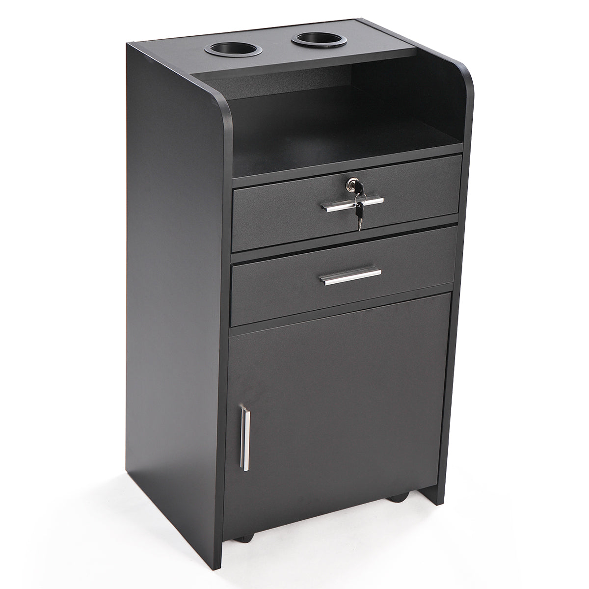 Salon Styling Station With 2 Drawers, 2 Hair Dryer Holders And 1 Cabinet, Black White Black Mdf