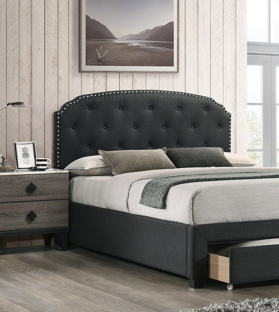 Charcoal Burlap Fabric 1Pc Queen Size Bed W Drawer Button Tufted Headboard Storage Bedframe Bedroom Furniture Box Spring Not Required Queen Charcoal Wood Bedroom American Design,Contemporary,Modern,Transitional Bed Frame Burlap