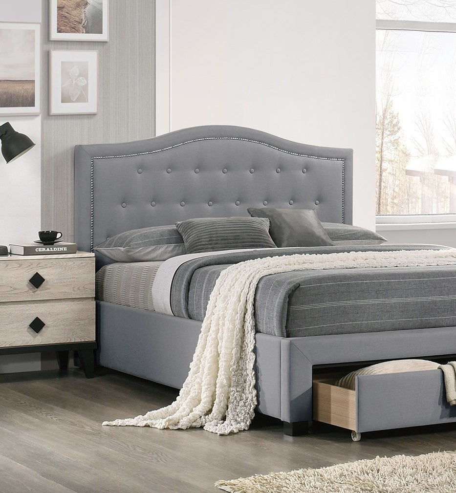 Light Grey Burlap Fabric 1Pcs Queen Size Bed W Drawer Button Tufted Arch Design Headboard Storage Fb Bedframe Bedroom Furniture Box Spring Not Required Queen Light Grey Wood Bedroom American Design,Contemporary,Modern,Transitional Bed Frame Burlap
