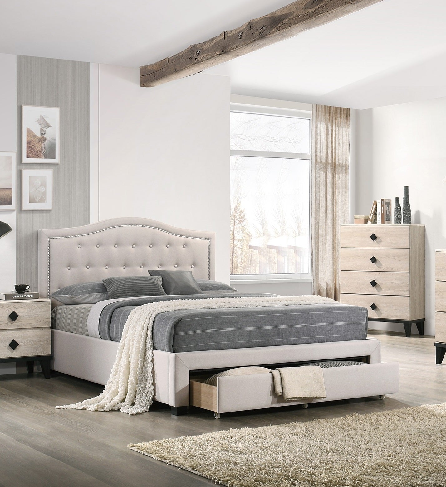 Light Brown Burlap Fabric 1Pcs Queen Size Bed W Drawer Button Tufted Arch Design Headboard Storage Fb Bedframe Bedroom Furniture Box Spring Not Required Queen Light Brown Wood Bedroom American Design,Contemporary,Modern,Transitional Bed Frame Burlap