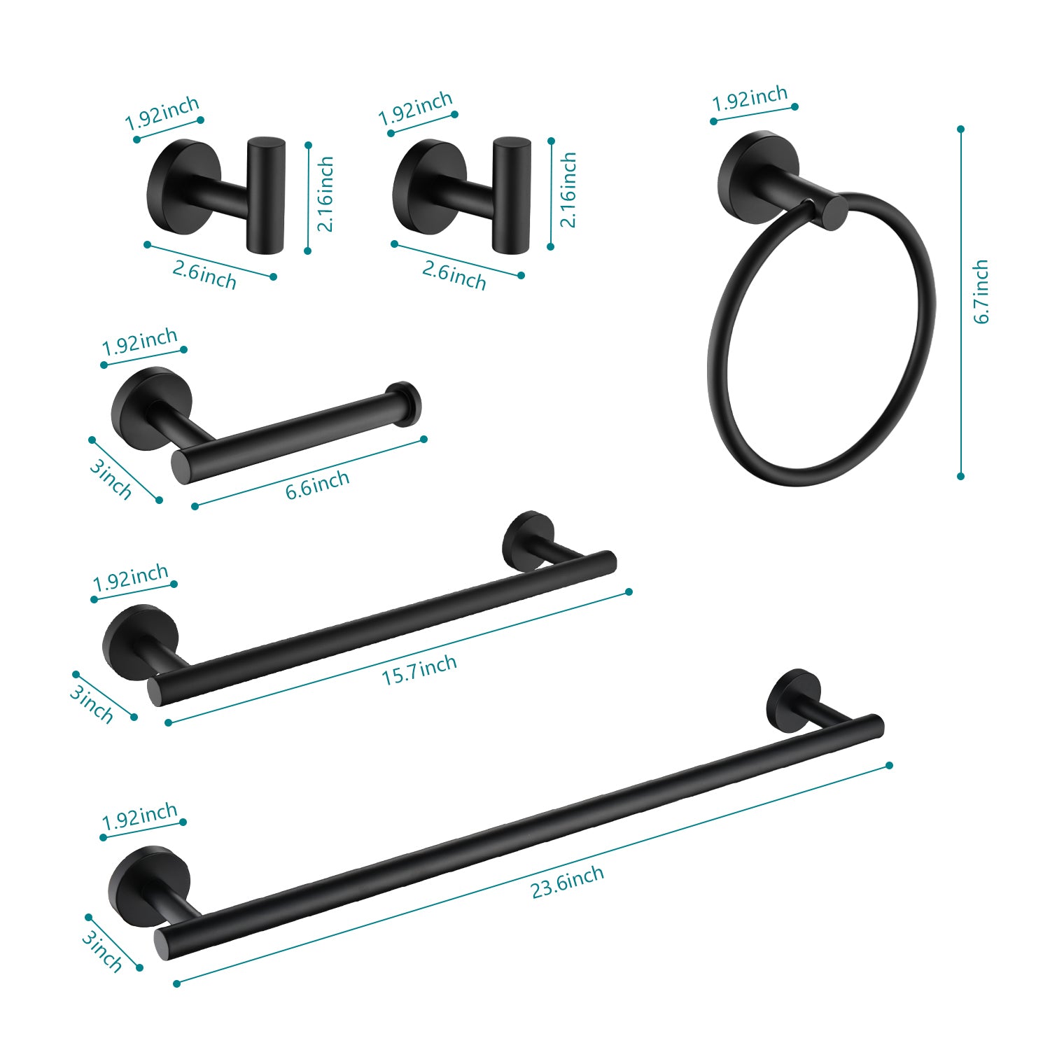 6 Piece Stainless Steel Bathroom Towel Rack Set Wall Mount Matte Black Stainless Steel