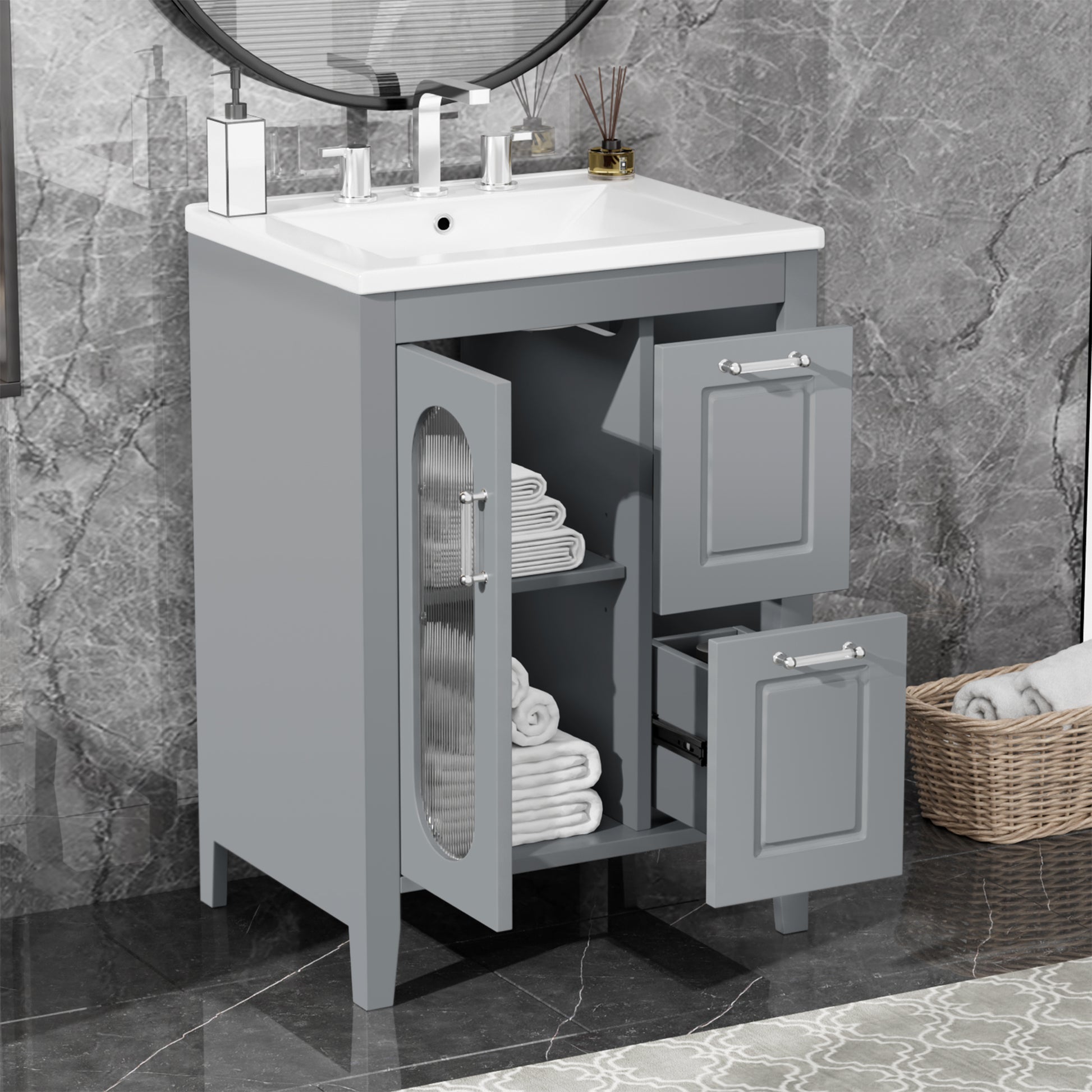 24" Bathroom Vanity With Sink, Bathroom Vanity Cabinet With Two Drawers And Door, Adjustable Shelf, Solid Wood And Mdf, Grey Grey Solid Wood Mdf