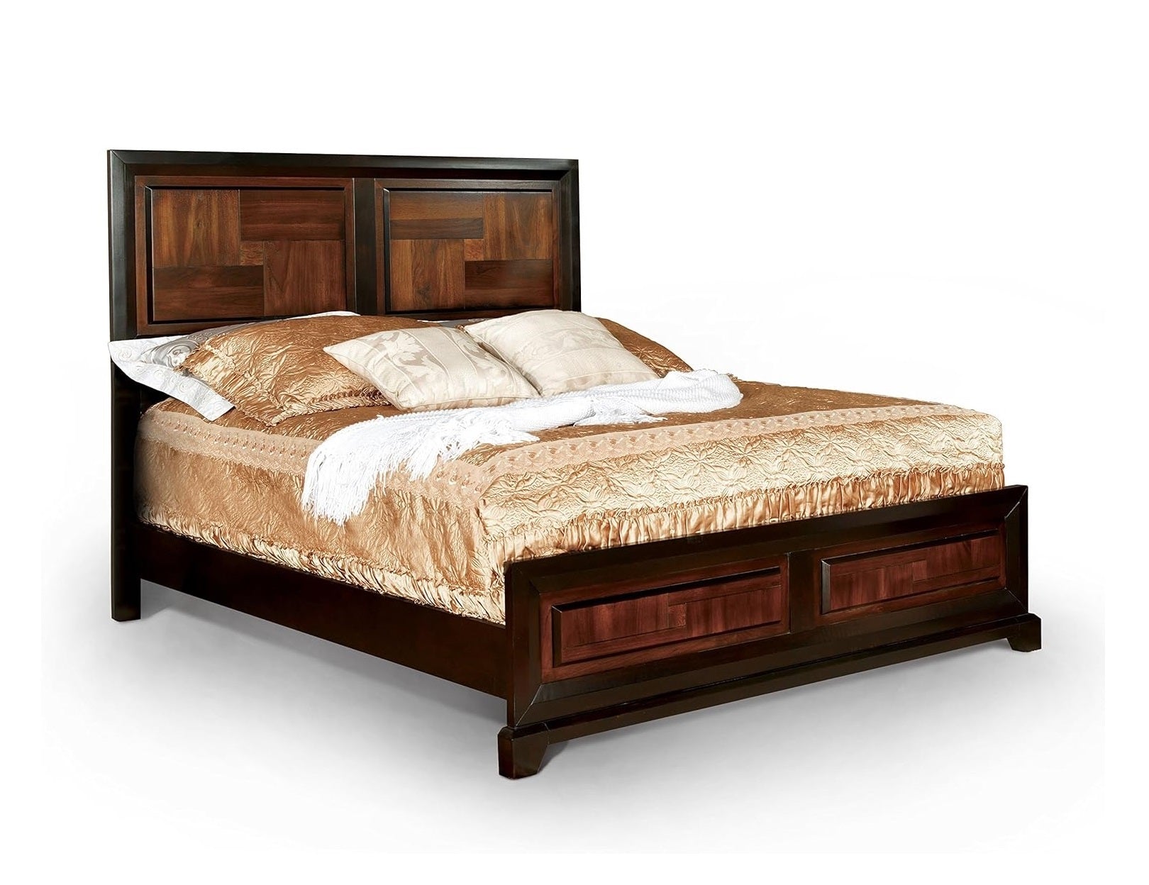 Transitional Queen Size Bed Acacia Walnut Solidwood 1Pcs Bed Bedroom Furniture Parquet Design Headboard And Footboard Bedframe Box Spring Required Queen Walnut Wood Bedroom Contemporary,Modern Bed Frame Solid Wood