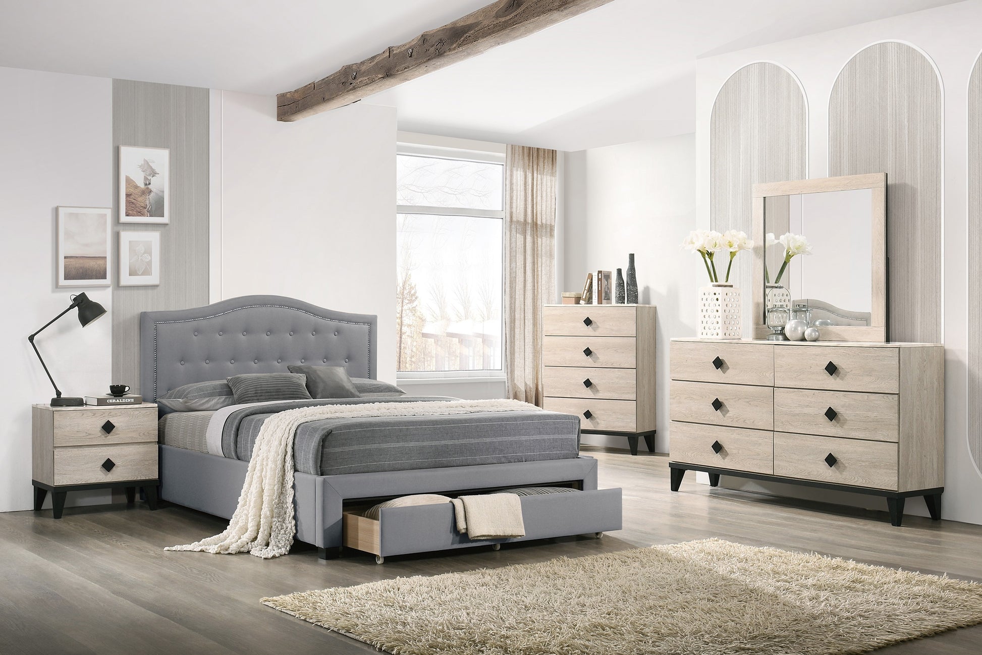 Light Grey Burlap Fabric 1Pcs Queen Size Bed W Drawer Button Tufted Arch Design Headboard Storage Fb Bedframe Bedroom Furniture Box Spring Not Required Queen Light Grey Wood Bedroom American Design,Contemporary,Modern,Transitional Bed Frame Burlap