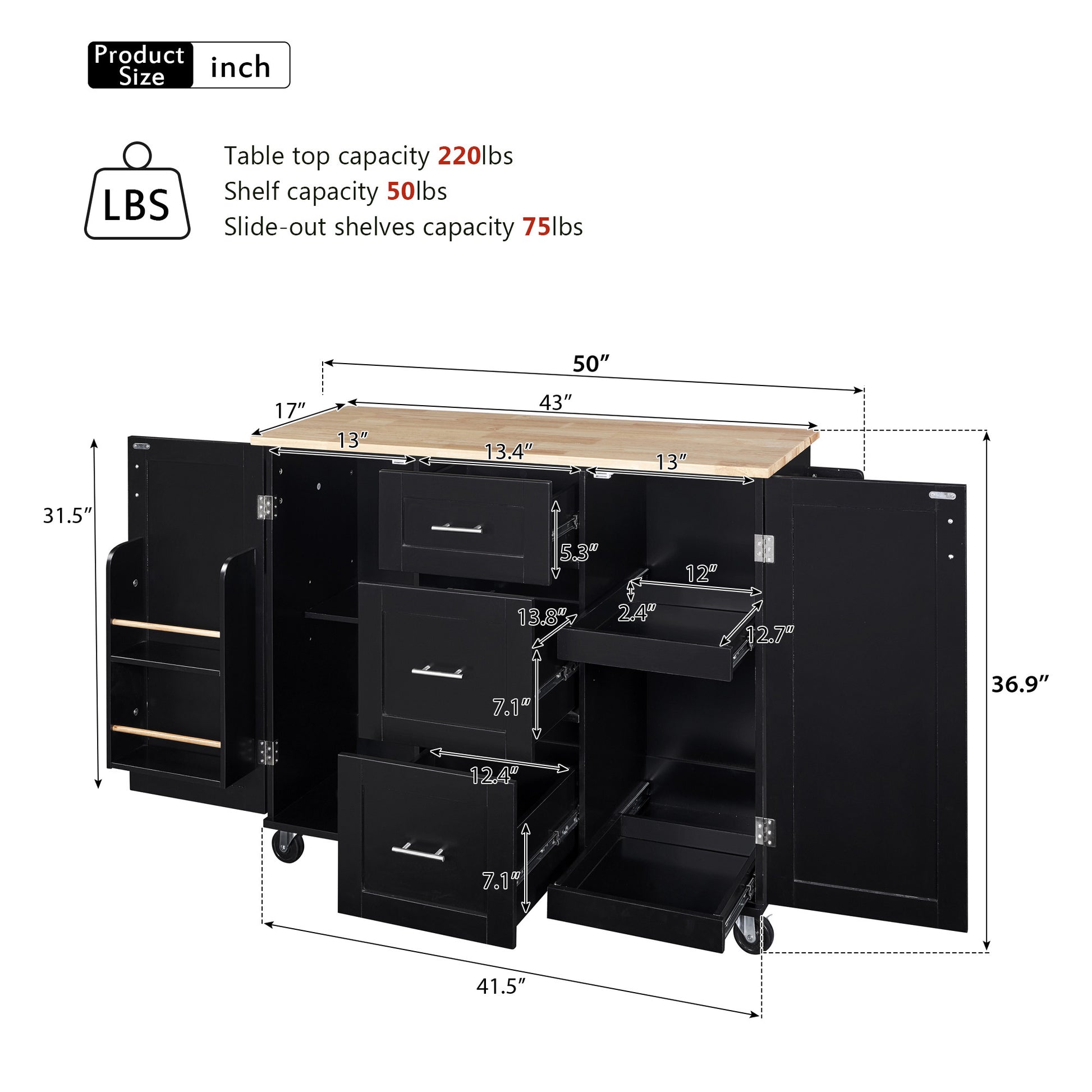 K&K Rolling Kitchen Island With Storage, Kitchen Cart With Rubber Wood Top, 3 Drawer, 2 Slide Out Shelf And Internal Storage Rack, Kitchen Island On Wheels With Spice Rack & Tower Rack, Black Black Kitchen Classic,European,Modern Rectangular Kitchen