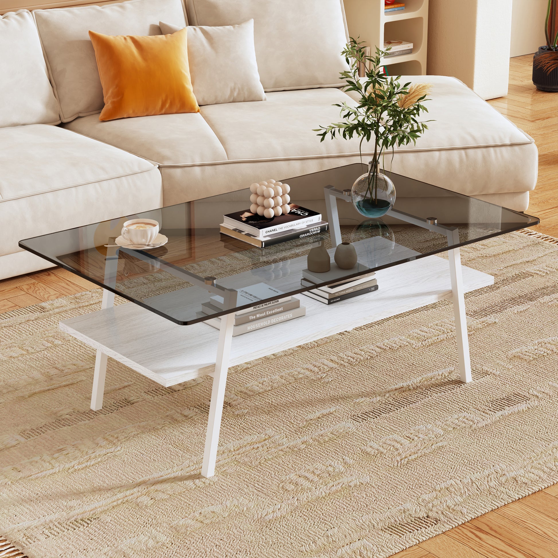 Rectangle Coffee Table, Tempered Glass Tabletop With White Metal Legs, Modern Table For Living Roomgray Glass Gray Tempered Glass