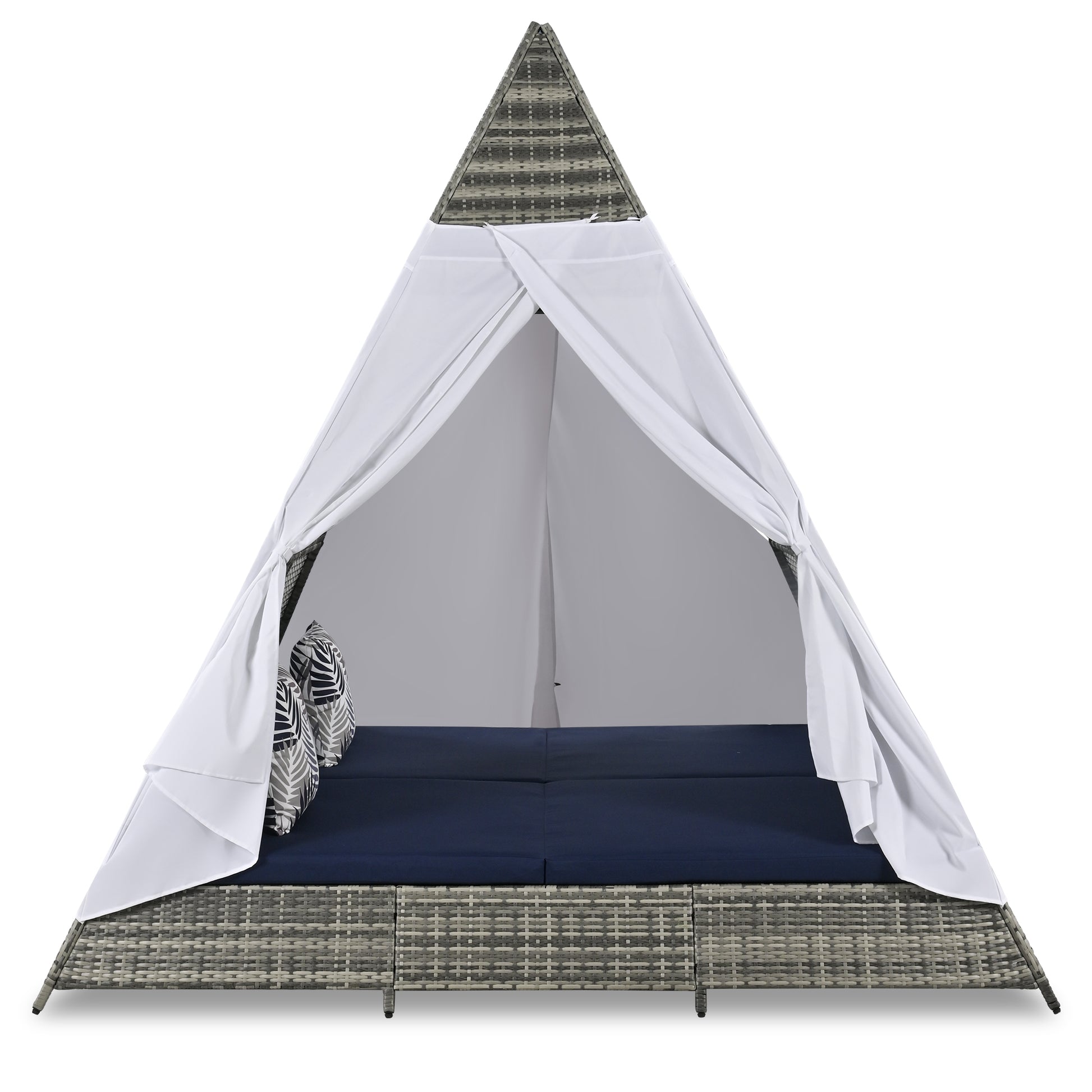 90.5" Length Outdoor Sunbed With Colorful Pillows, Wicker Patio Daybed With Cushions, Tent Shape, Gray And Blue Yes Blue Grey Wicker