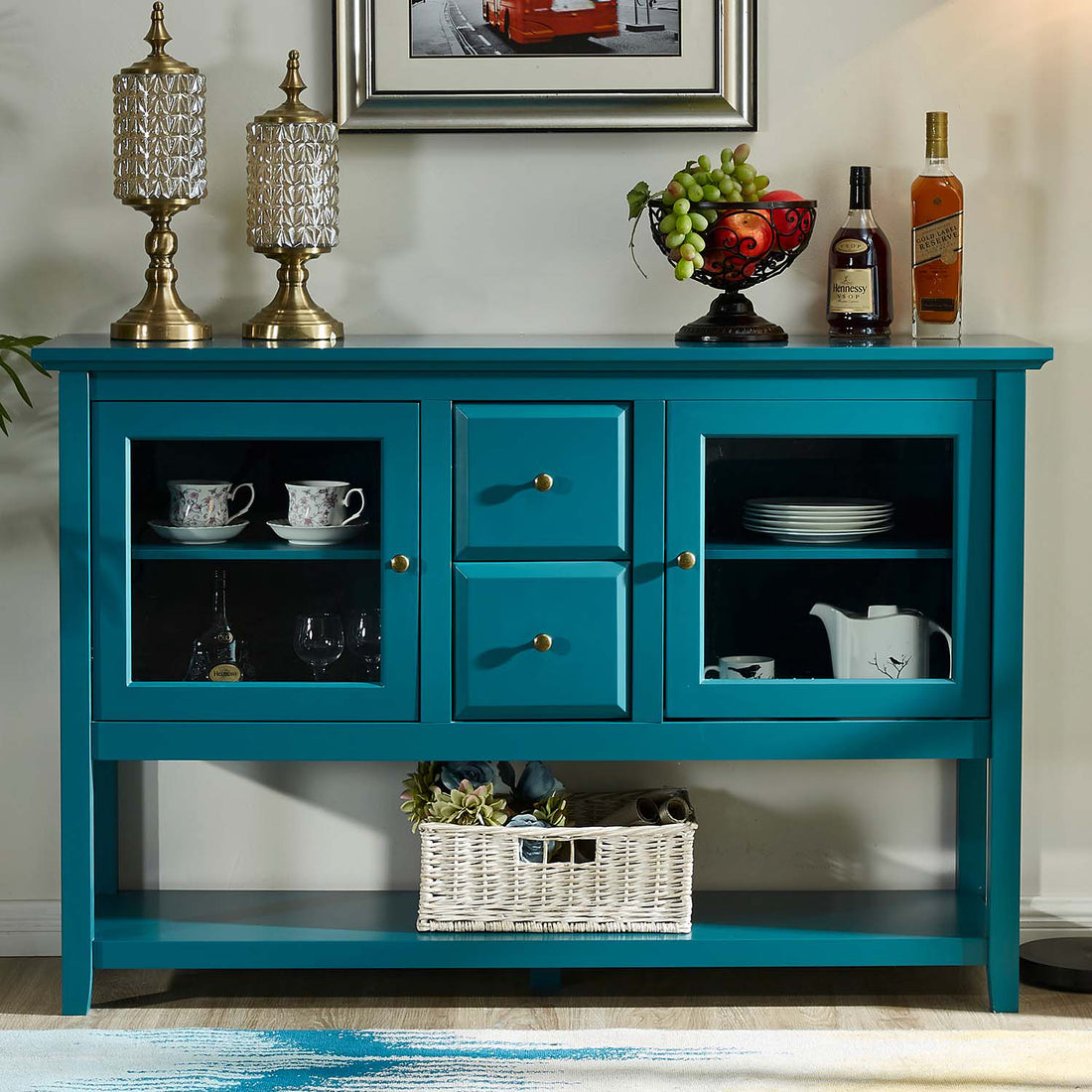 52" Modern Sideboard Storage With Adjustable Shelves, Sideboard Buffet Cabinet With 2 Doors, Credenzas For Dining Room, Living Room, Entryway Teal Dining Room Adjustabel Shelves Mdf Glass