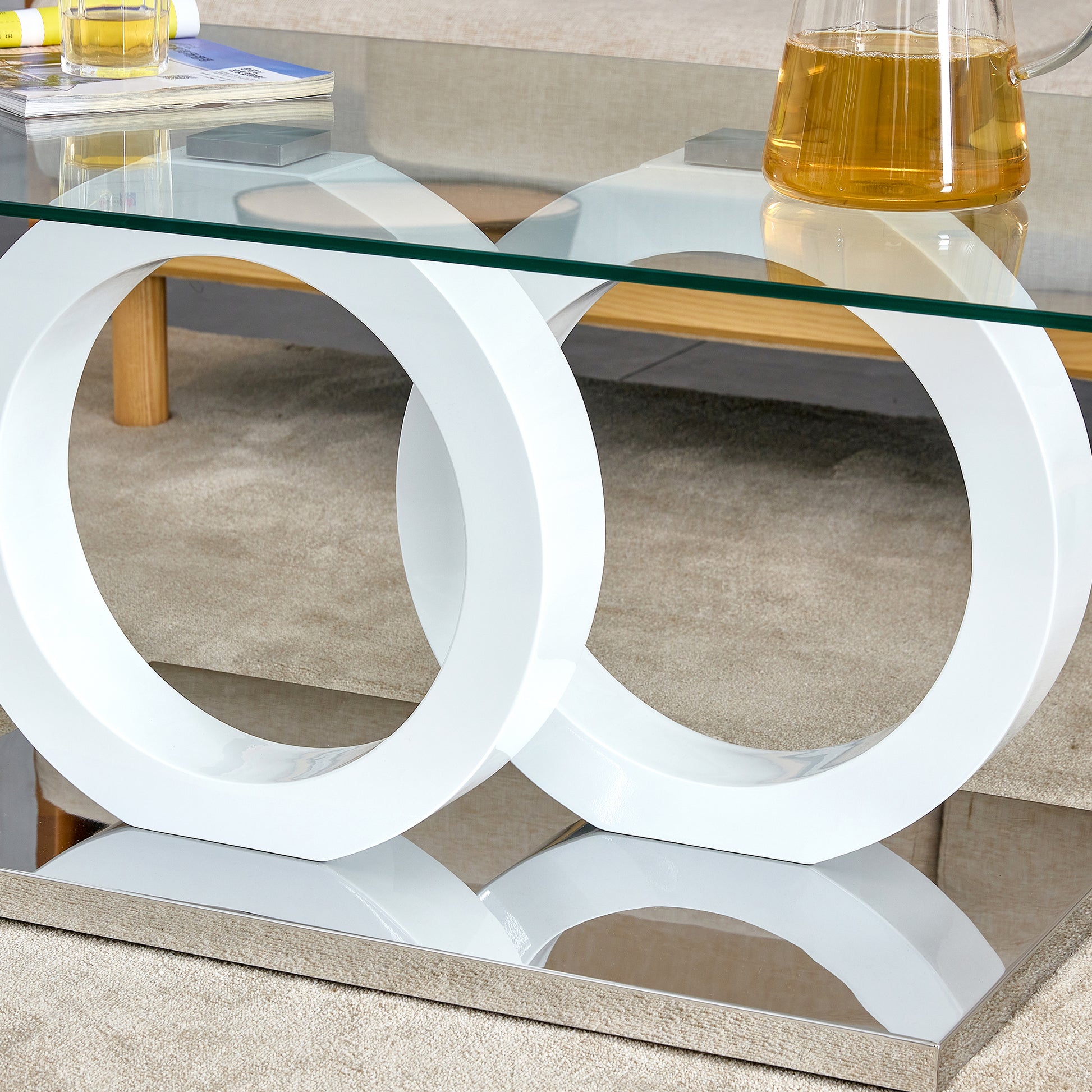 Rectangular Modern And Fashionable Coffee Table With Tempered Glass Tabletop And White Legs. Suitable For Living Room.47.2"*25.4"*17.9" White Glass