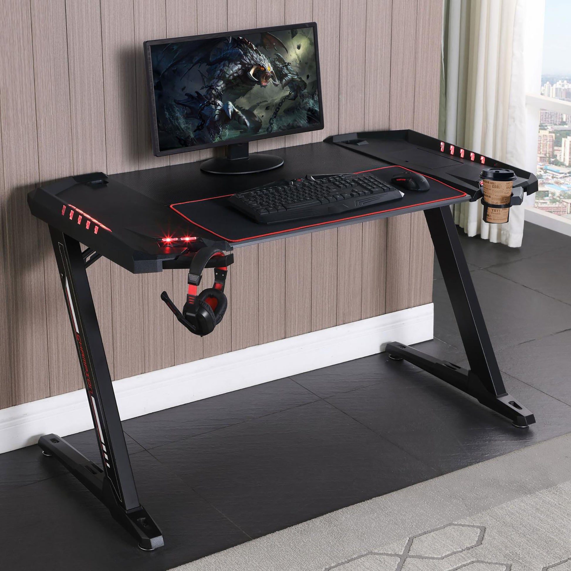 Black Gaming Desk With Led Lighting Black Gaming Desk Office Contemporary,Modern Tabeltop Rectangular Desk Metal