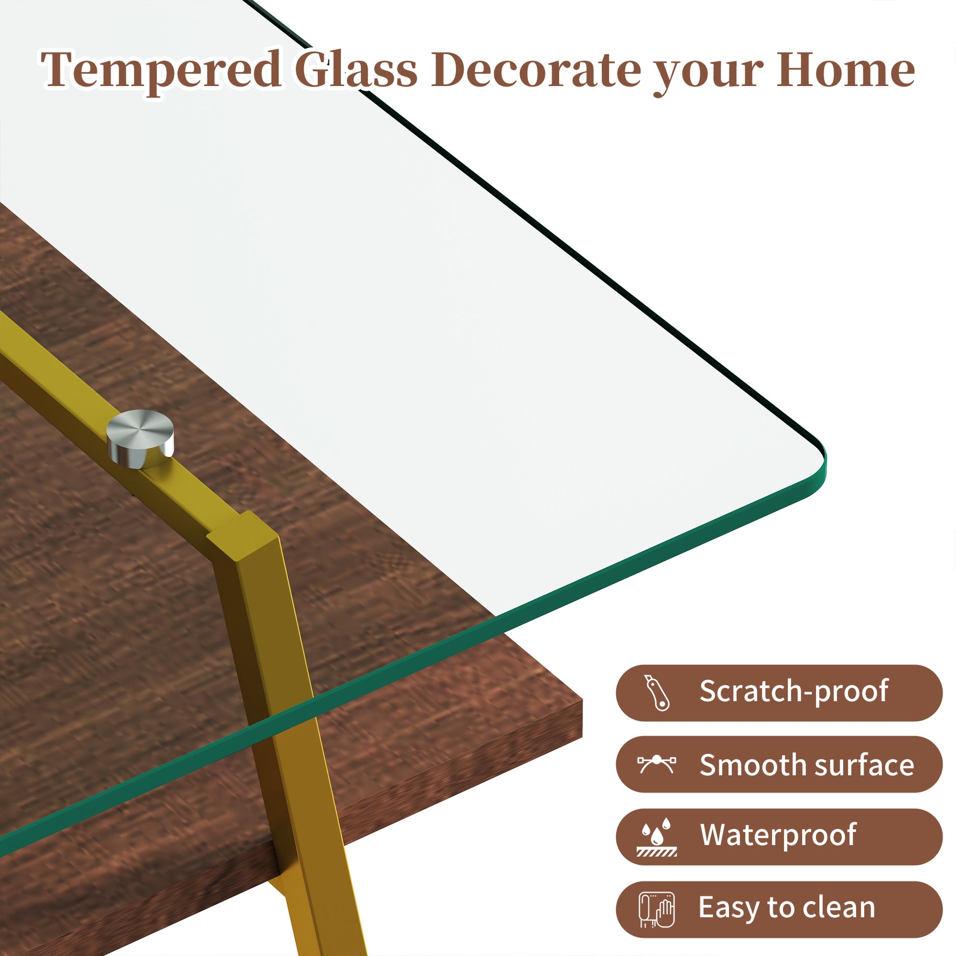 Rectangle Coffee Table, Tempered Glass Tabletop With Gold Metal Legs, Modern Table For Living Roomtransparent Glass Transparent Tempered Glass