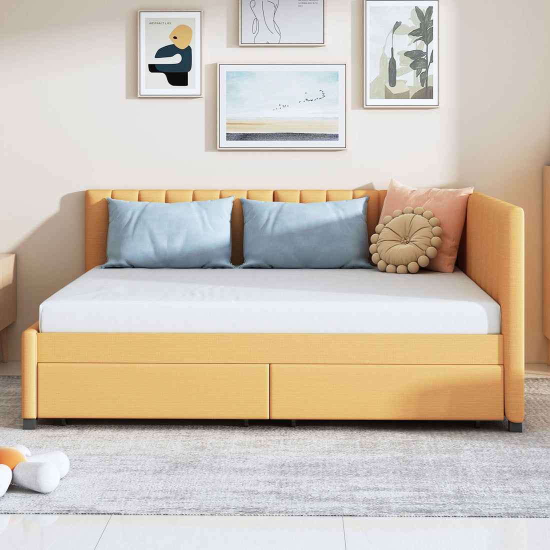 Full Size Upholstered Daybed With 2 Storage Drawers Sofa Bed Frame No Box Spring Needed, Linen Fabric Yellow Yellow Linen