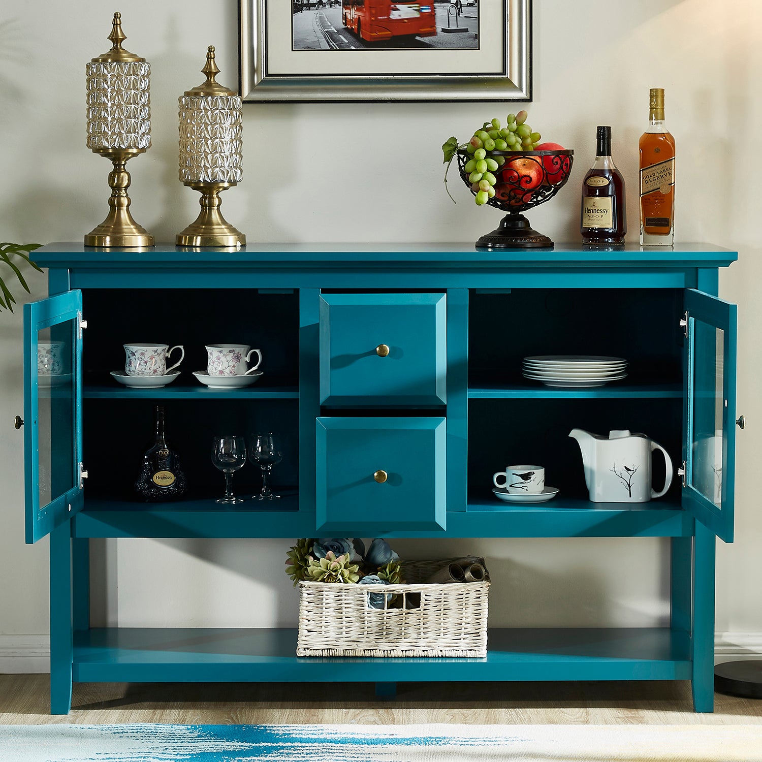 52" Modern Sideboard Storage With Adjustable Shelves, Sideboard Buffet Cabinet With 2 Doors, Credenzas For Dining Room, Living Room, Entryway Teal Dining Room Adjustabel Shelves Mdf Glass