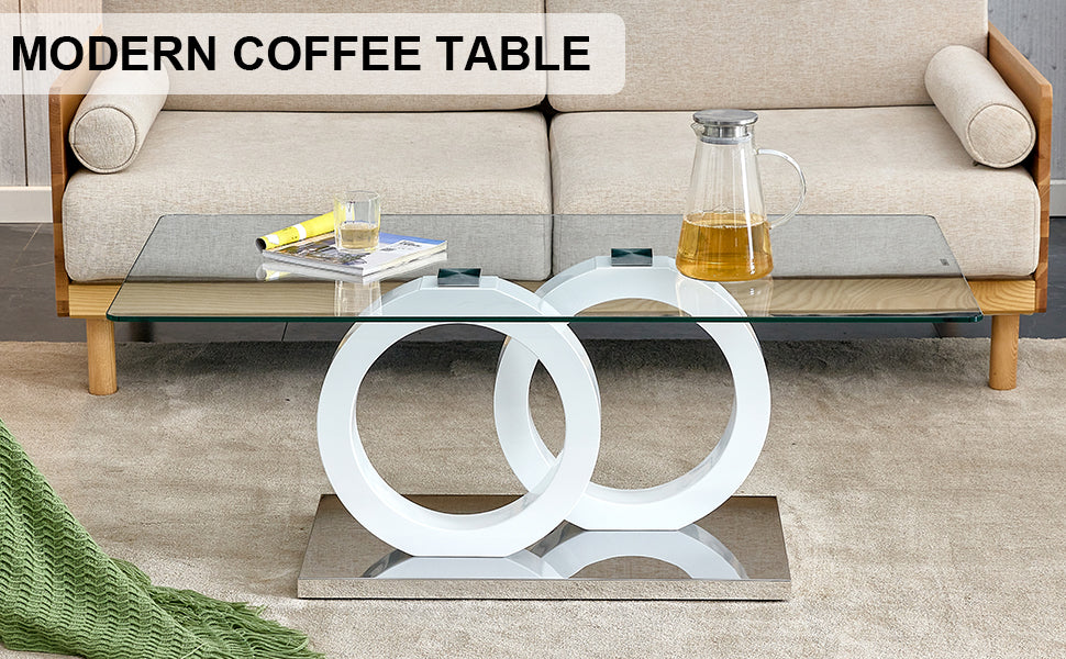 Rectangular Modern And Fashionable Coffee Table With Tempered Glass Tabletop And White Legs. Suitable For Living Room.47.2"*25.4"*17.9" White Glass