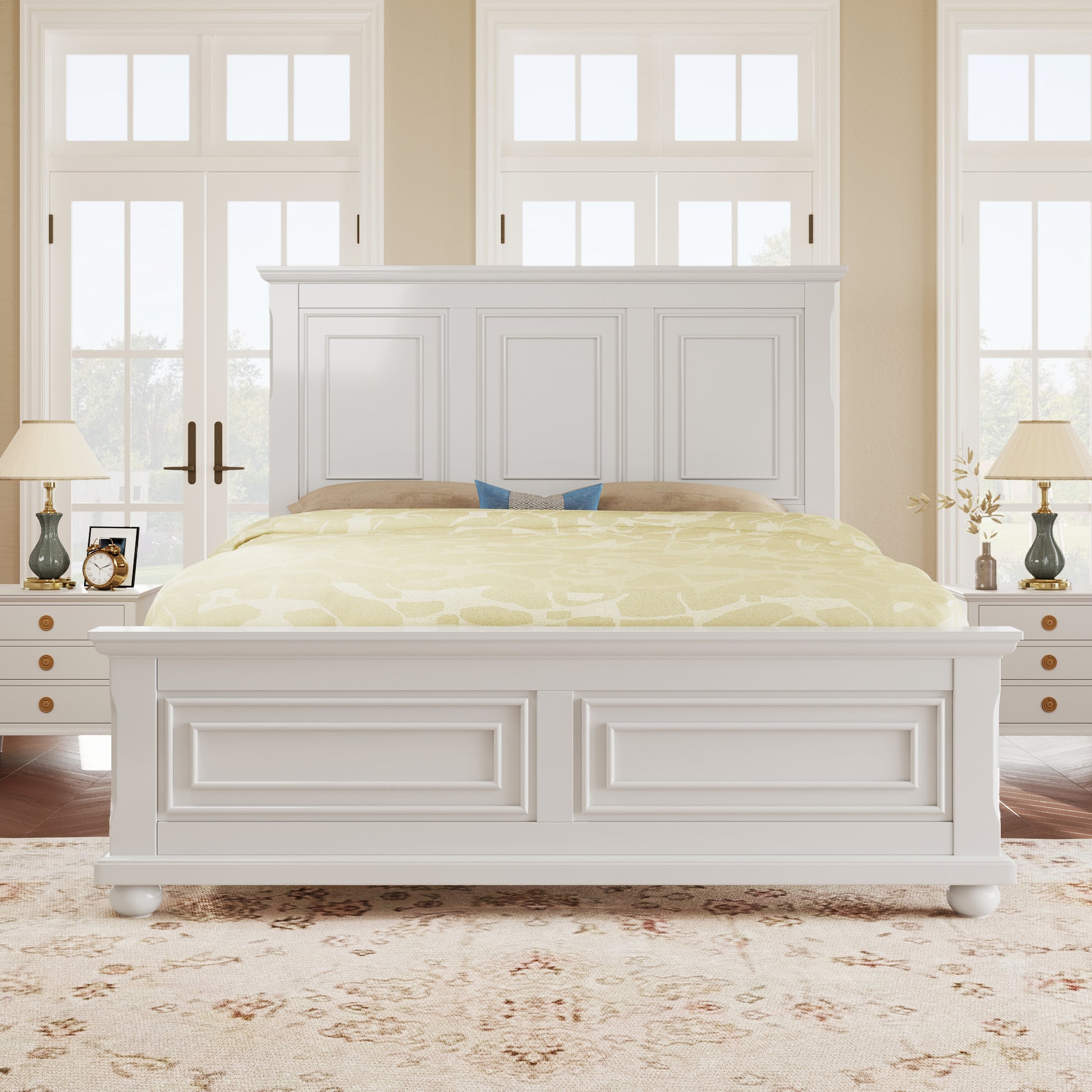 Traditional Town And Country Style Pinewood Vintage Queen Bed, White Queen White Pine