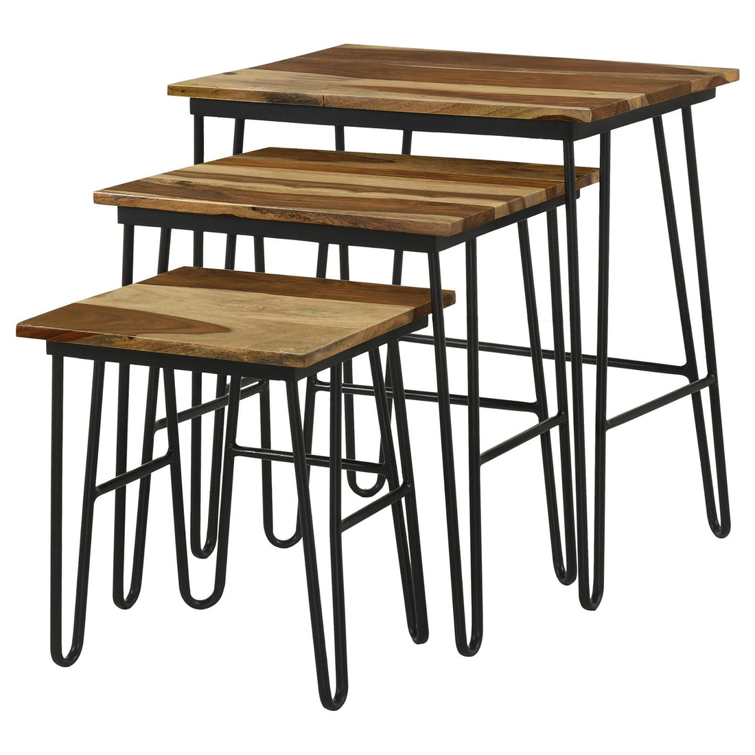 Natural And Black 3 Piece Nesting Table With Hairpin Legs Brown Primary Living Space Industrial Sheesham Rectangular Coffee & End Tables Wood Hairpin