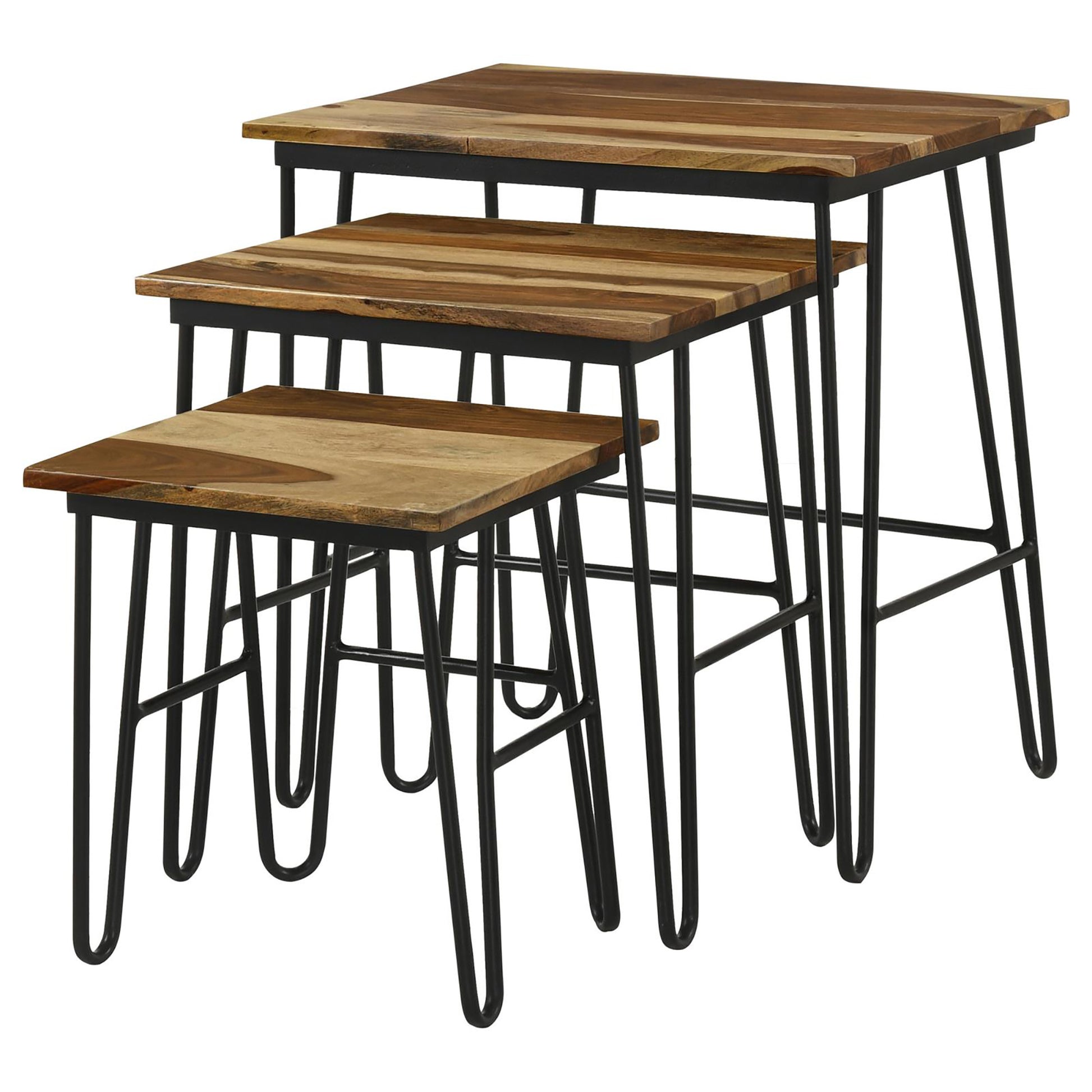 Natural And Black 3 Piece Nesting Table With Hairpin Legs Brown Primary Living Space Industrial Sheesham Rectangular Coffee & End Tables Wood Hairpin