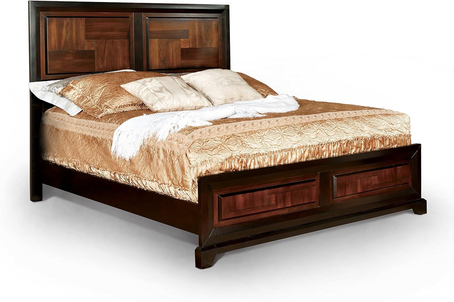 Transitional Queen Size Bed Acacia Walnut Solidwood 1Pcs Bed Bedroom Furniture Parquet Design Headboard And Footboard Bedframe Box Spring Required Queen Walnut Wood Bedroom Contemporary,Modern Bed Frame Solid Wood