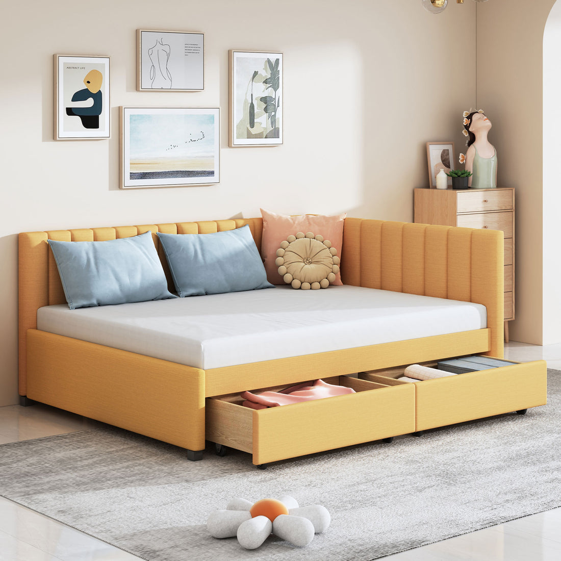 Full Size Upholstered Daybed With 2 Storage Drawers Sofa Bed Frame No Box Spring Needed, Linen Fabric Yellow Yellow Linen