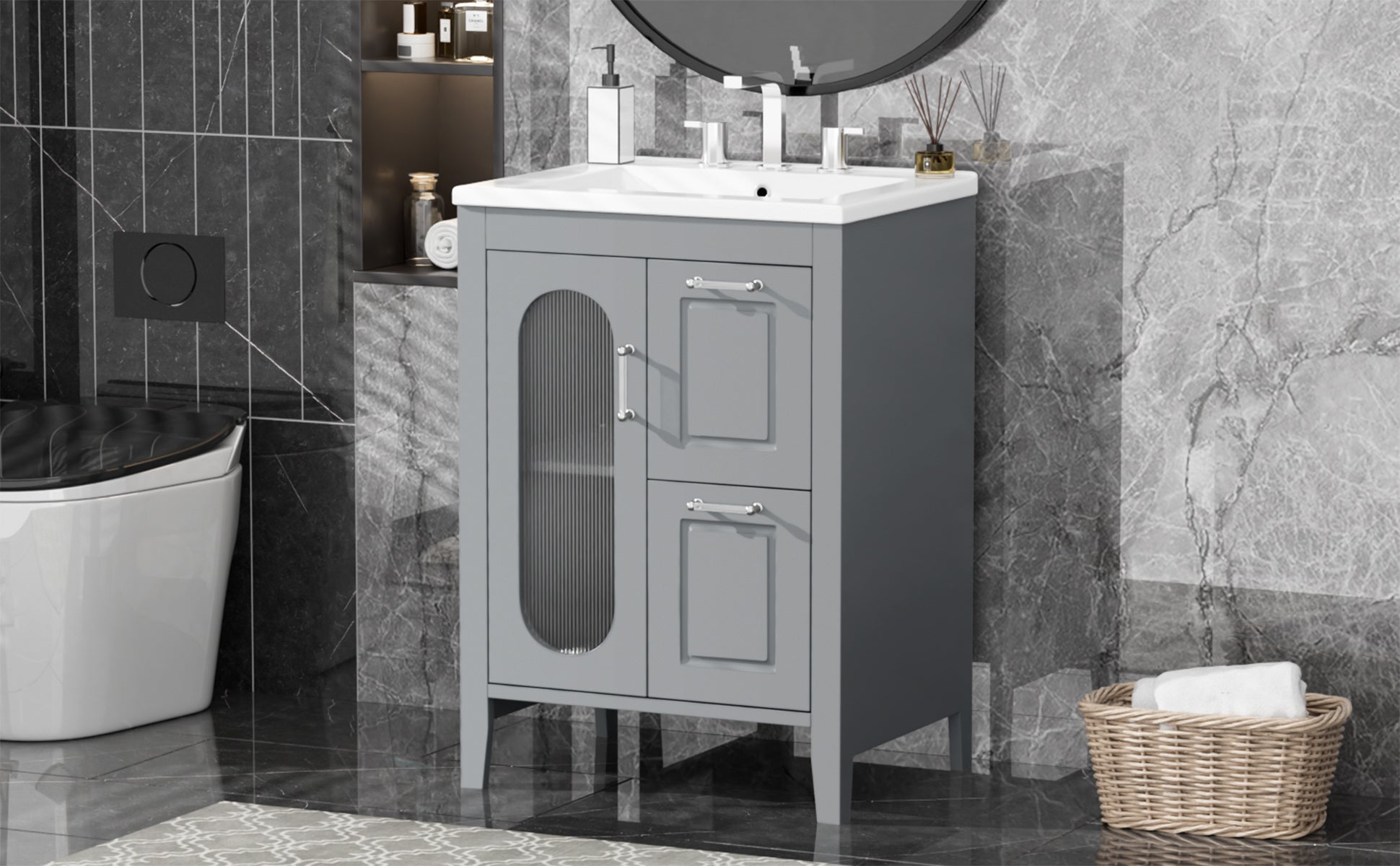 24" Bathroom Vanity With Sink, Bathroom Vanity Cabinet With Two Drawers And Door, Adjustable Shelf, Solid Wood And Mdf, Grey Grey Solid Wood Mdf