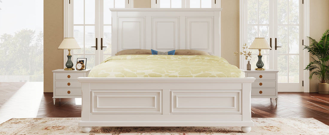 Traditional Town And Country Style Pinewood Vintage King Bed, White King White Pine