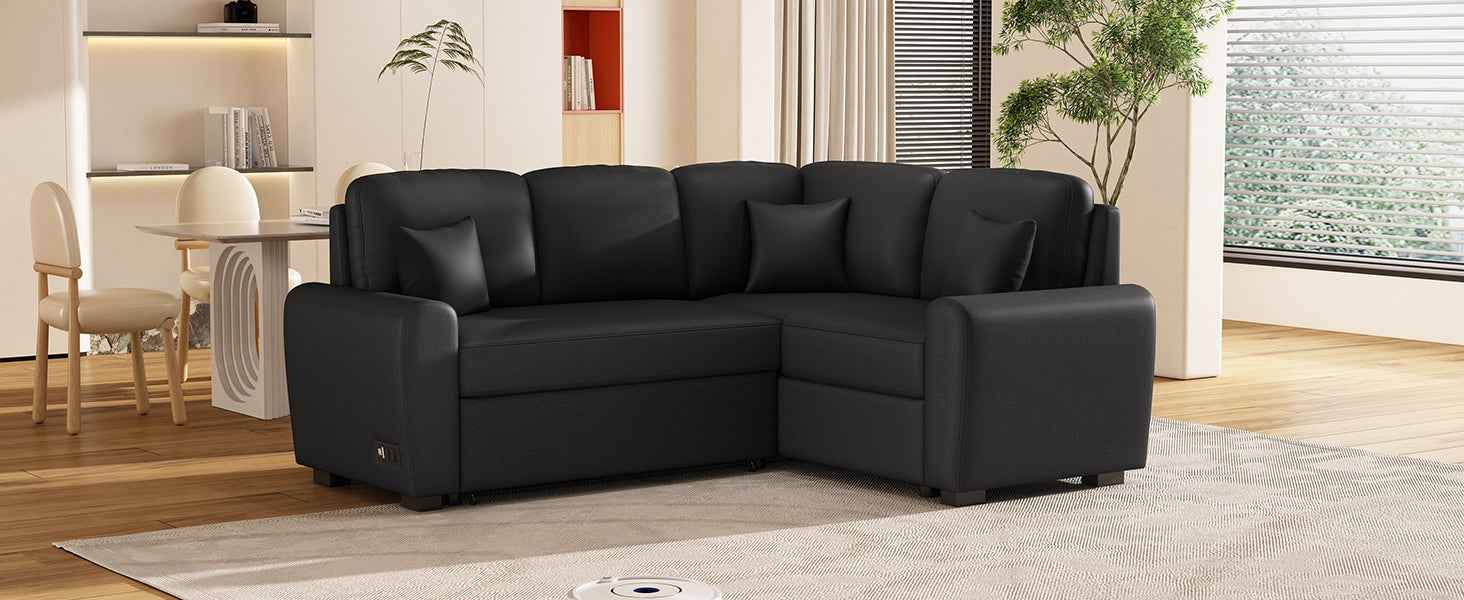 87.4"Sectional Sleeper Sofa With Usb Charging Port And Plug Outlet,Pull Out Sofa Bed With 3 Pillows, L Shape Chaise For Living Room Small Apartment,Black Old Sku Sg000720Aab Black Foam Linen