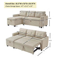 Upholstered Pull Out Sectional Sofa With Storage Chaise, Convertible Corner Couch, Beige Beige Wood Medium Soft Pillow Back Modern Square Arms Linen 3 Seat