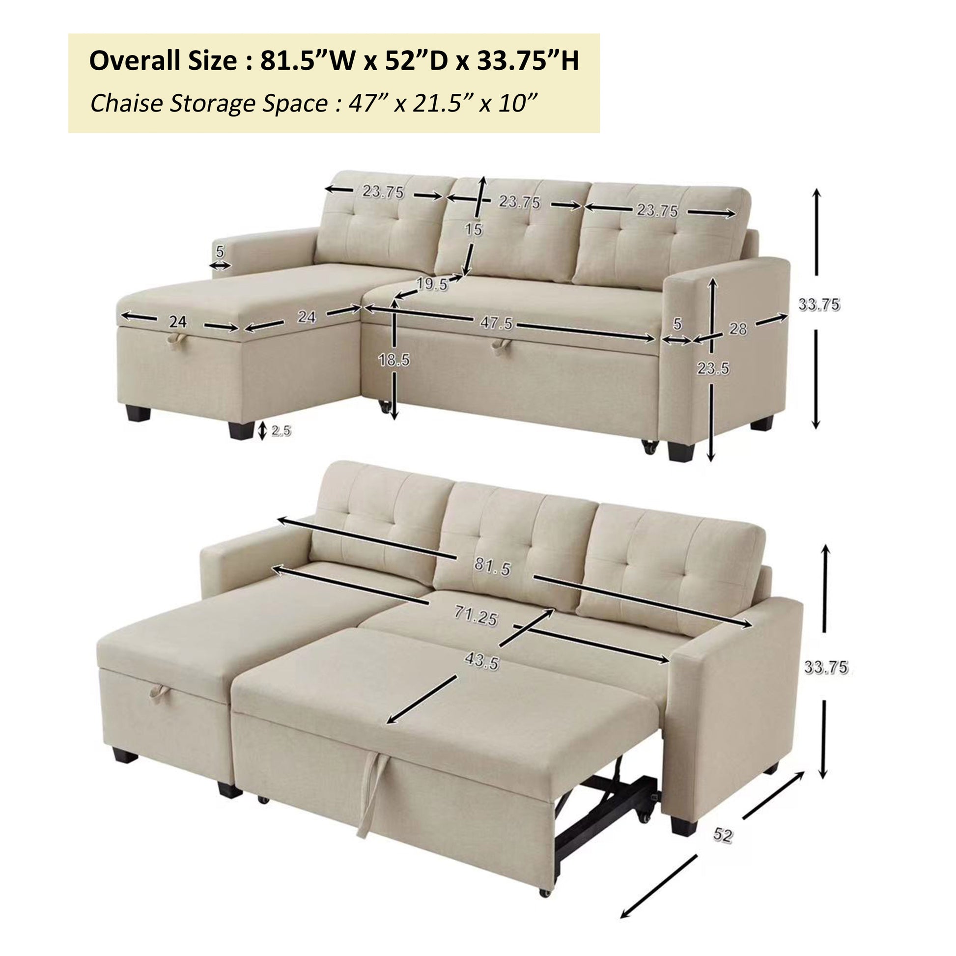 Upholstered Pull Out Sectional Sofa With Storage Chaise, Convertible Corner Couch, Beige Beige Wood Medium Soft Pillow Back Modern Square Arms Linen 3 Seat