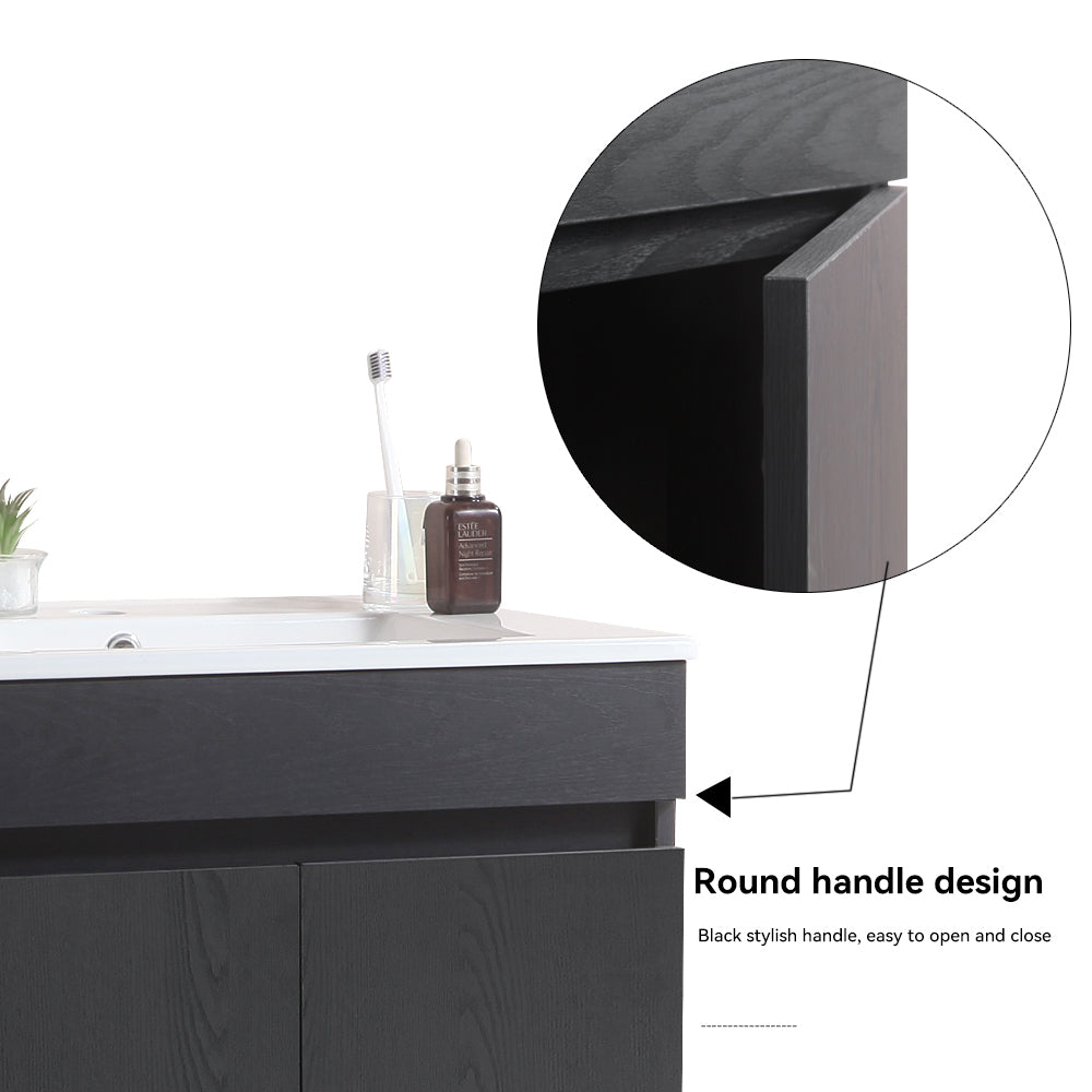 24 Inch Wall Mounted Bathroom Vanity With White Ceramic Basin,Two Soft Close Cabinet Doors, Solid Wood,Excluding Faucets,Black Black Solid Wood