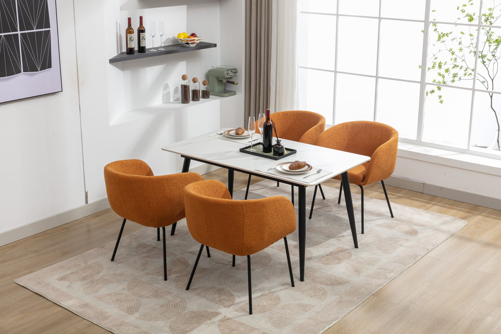 040 Boucle Fabric Dining Chair With Black Metal Legs Set Of 2,Ginger Wood Ginger Dining Room Foam Wipe Clean Modern Dining Chairs Wing Back Foam Boucle