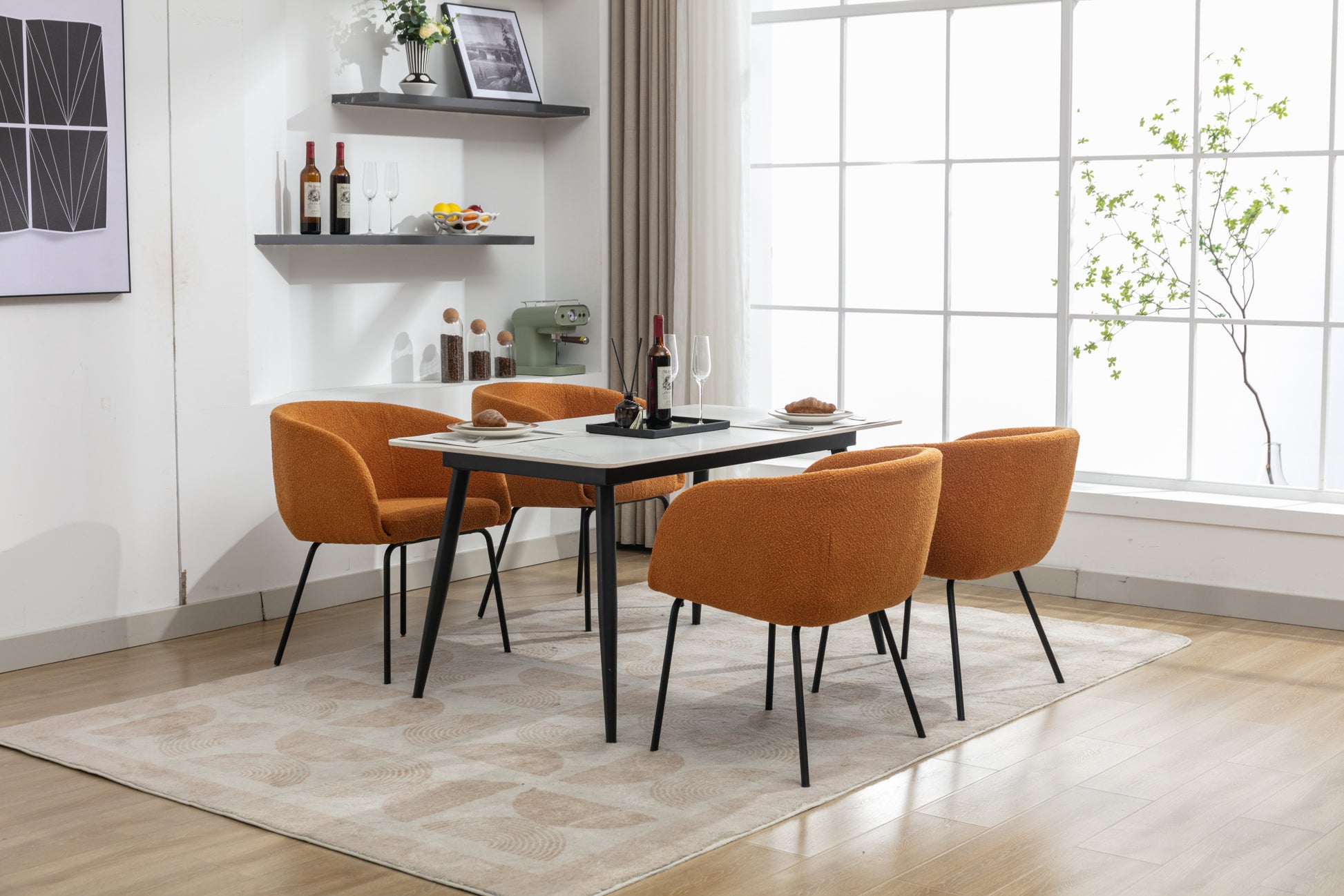 040 Boucle Fabric Dining Chair With Black Metal Legs Set Of 2,Ginger Wood Ginger Dining Room Foam Wipe Clean Modern Dining Chairs Wing Back Foam Boucle
