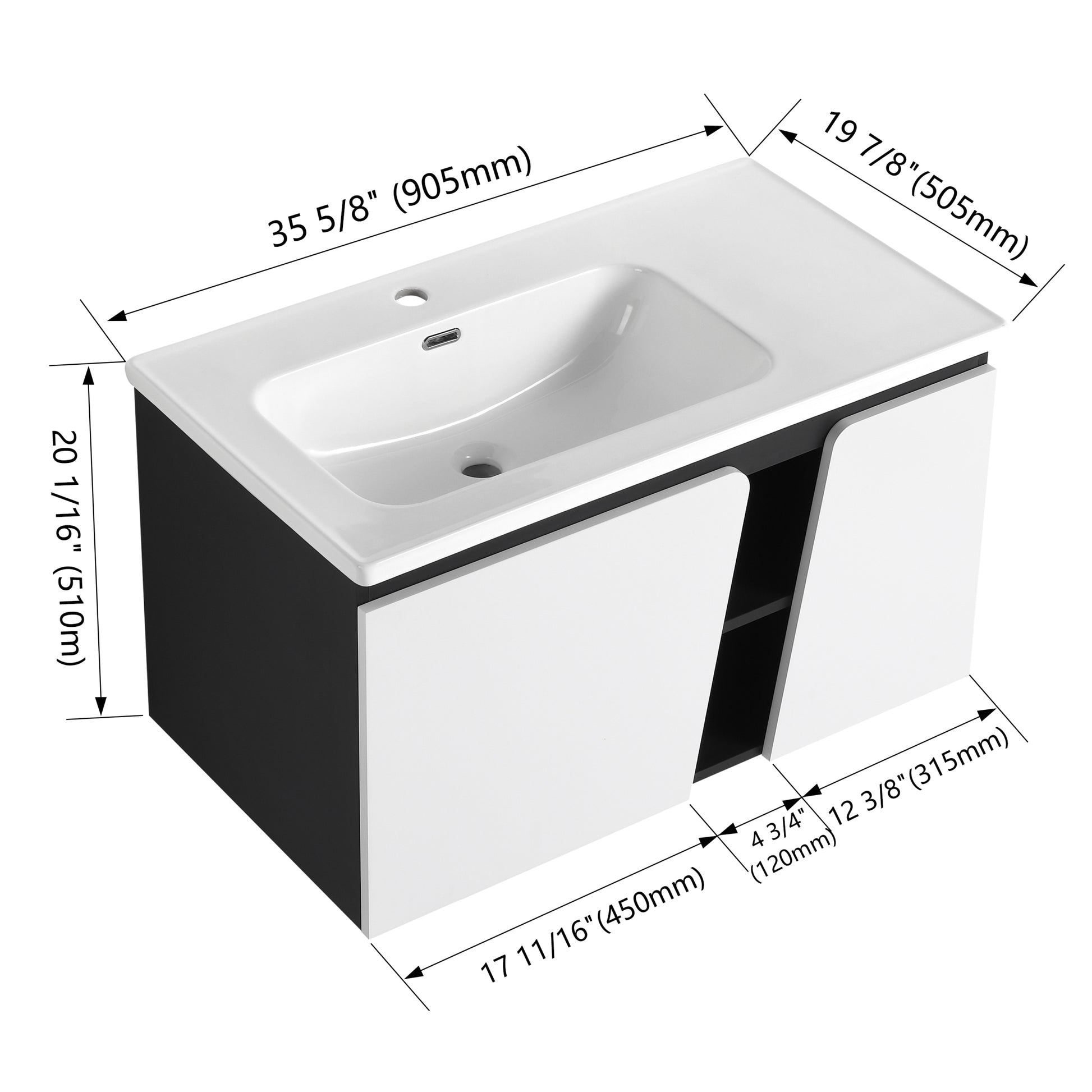 36'' Floating Wall Mounted Bathroom Vanity With Ceramic Basin & Soft Close Cabinet Door White Black Soft Close Doors Bathroom Wall Mounted Modern Plywood Plywood