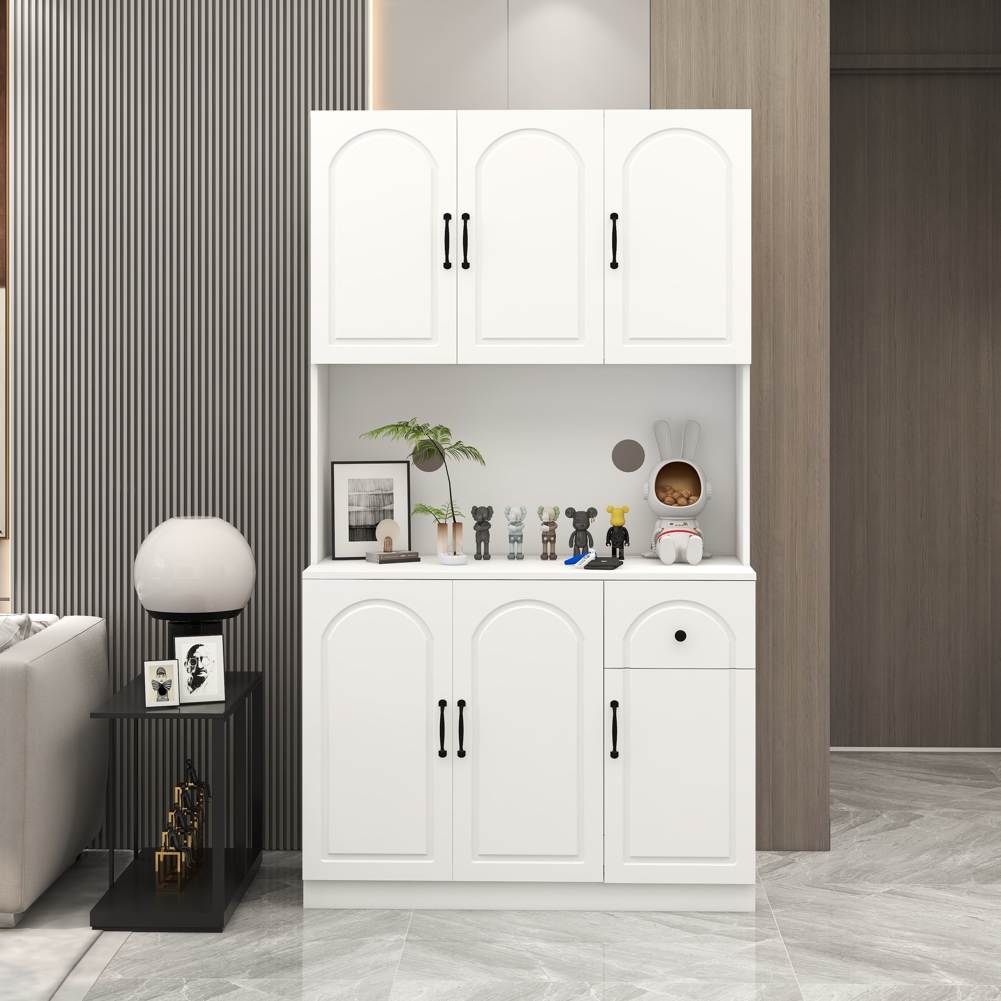 71" Kitchen Pantry Storage Cabinet With Microwave Oven Countertop, Freestanding Hutch Cabinet With Adjustable Shelves, 6 Doors And 1 Drawer White White Mdf