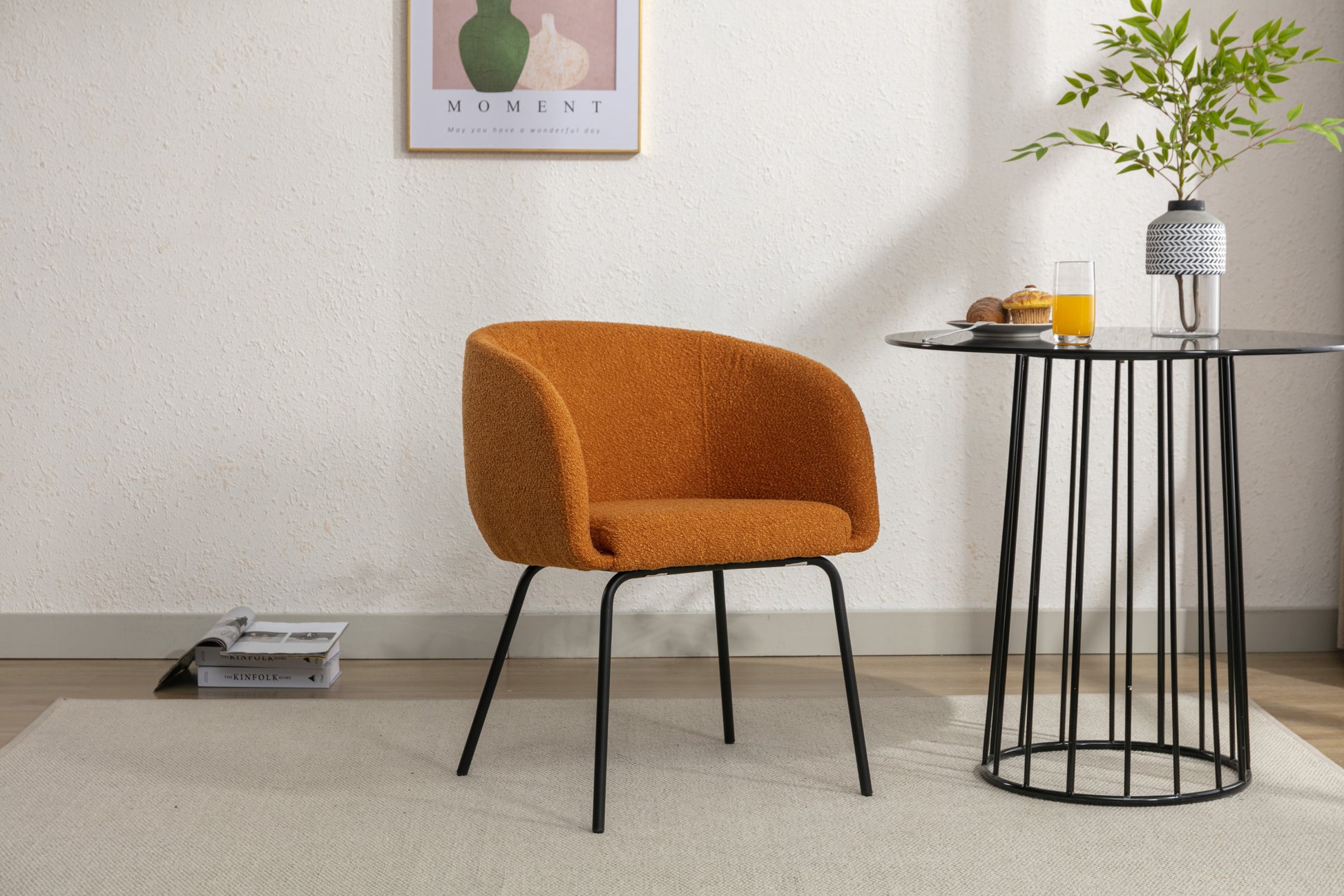 039 Set Of 1 Boucle Fabric Dining Chair With Black Metal Legs,Ginger Wood Ginger Dining Room Foam Wipe Clean Modern Dining Chairs Wing Back Foam Boucle