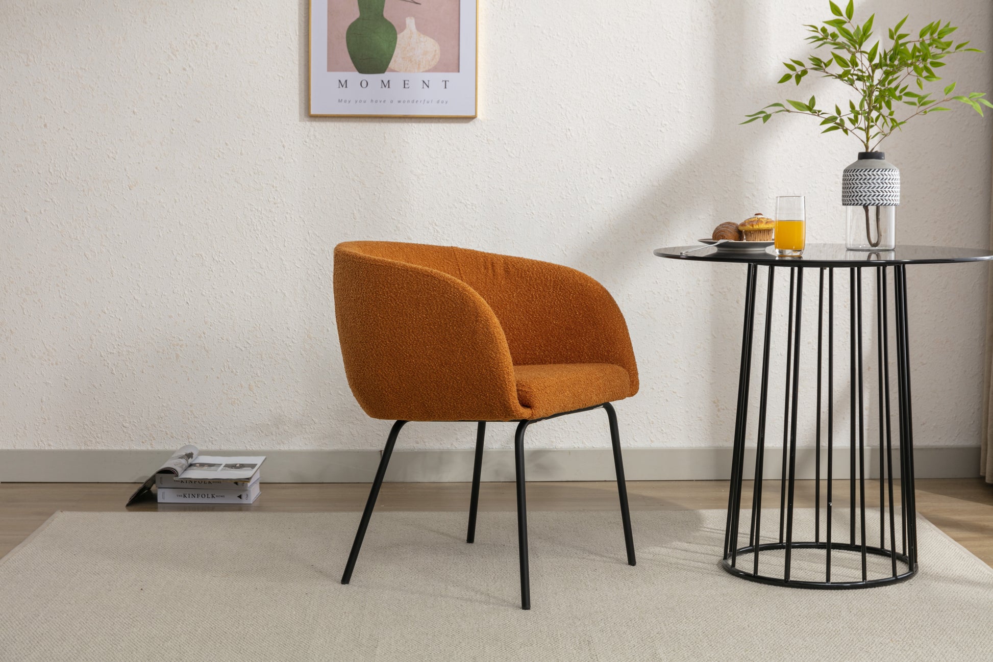 039 Set Of 1 Boucle Fabric Dining Chair With Black Metal Legs,Ginger Wood Ginger Dining Room Foam Wipe Clean Modern Dining Chairs Wing Back Foam Boucle