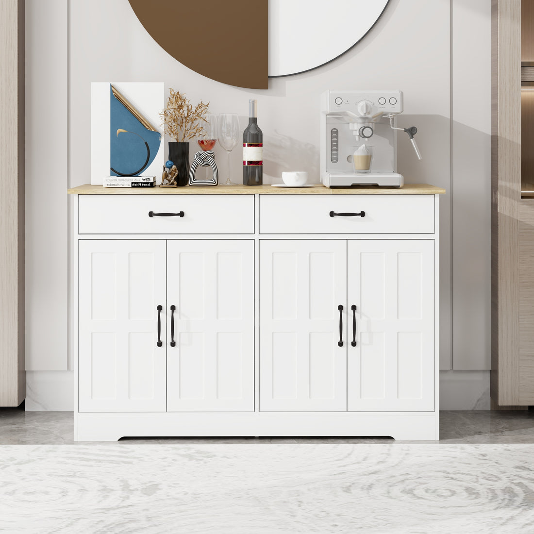 47.95" Farmhouse Buffet Cabinet Storage Sideboard With 2 Drawers And 4 Doors For Dining Living Room Kitchen Cupboard White White Mdf