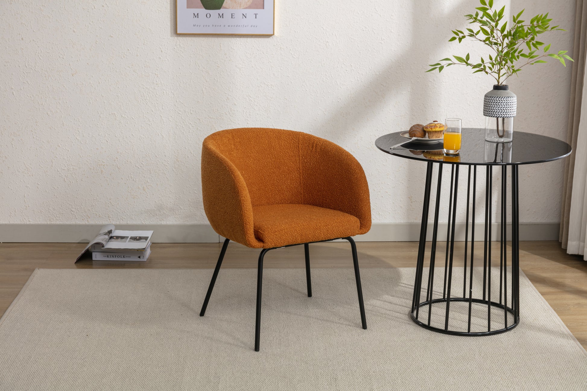 039 Set Of 1 Boucle Fabric Dining Chair With Black Metal Legs,Ginger Wood Ginger Dining Room Foam Wipe Clean Modern Dining Chairs Wing Back Foam Boucle