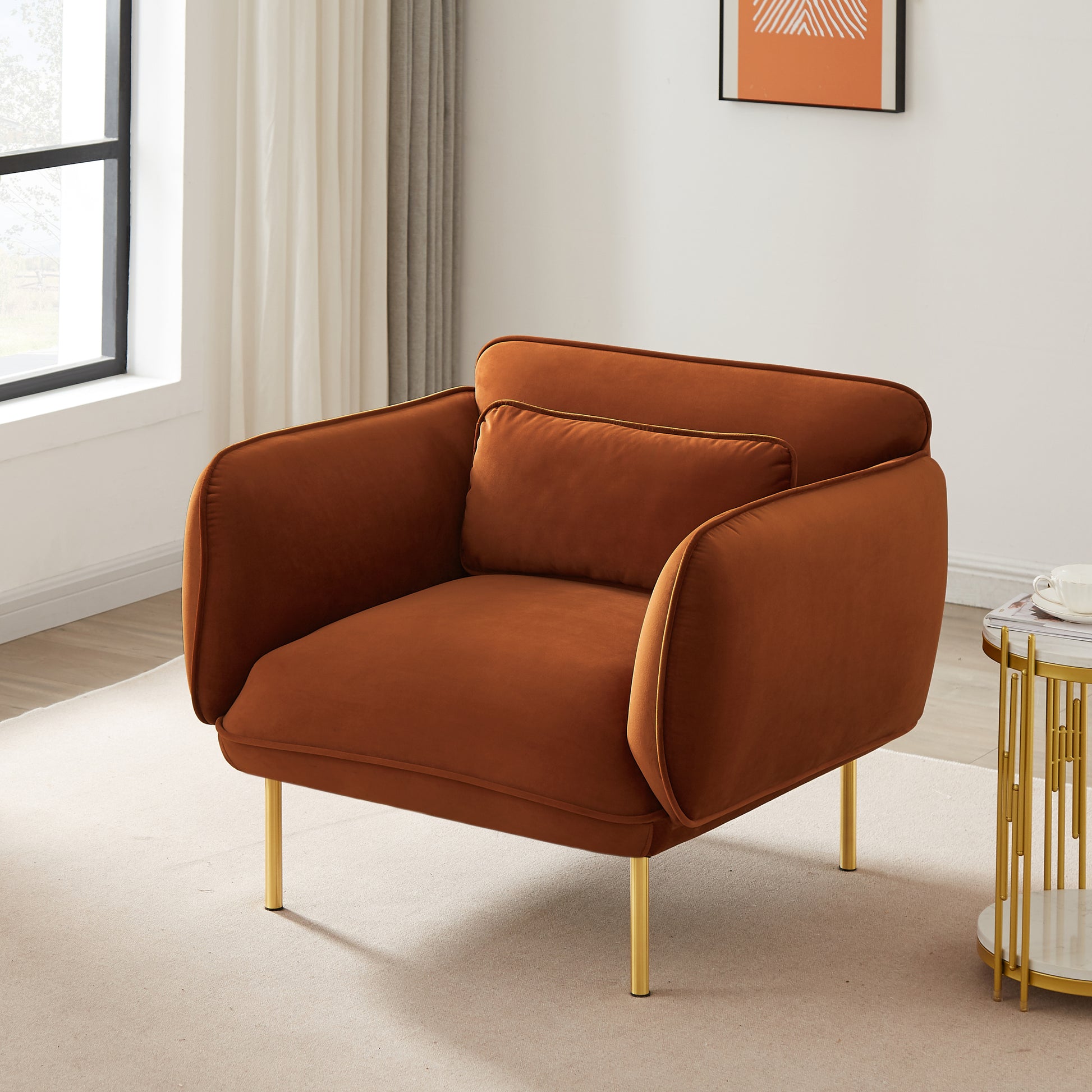 Oversized Living Room Accent Velveta Armchair Upholstered Single Sofa Chair, Comfy Fabric Armchair With Metal Leg For Bedroom Living Room Apartment, Curry Brown Velvet