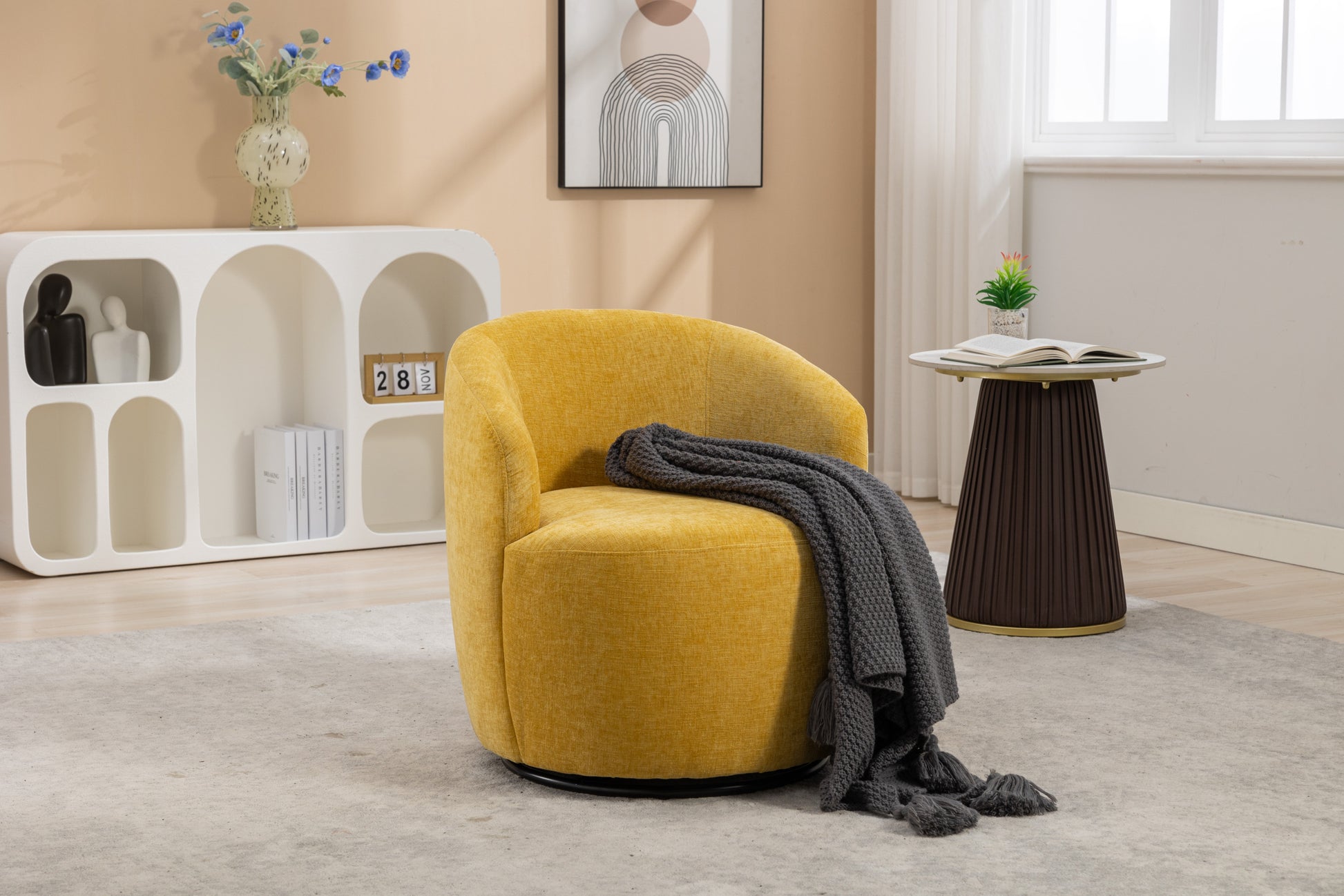 037 Chenille Fabric Swivel Accent Armchair Barrel Chair With Black Powder Coating Metal Ring,Yellow Yellow Primary Living Space Modern Eucalyptus Foam Chenille