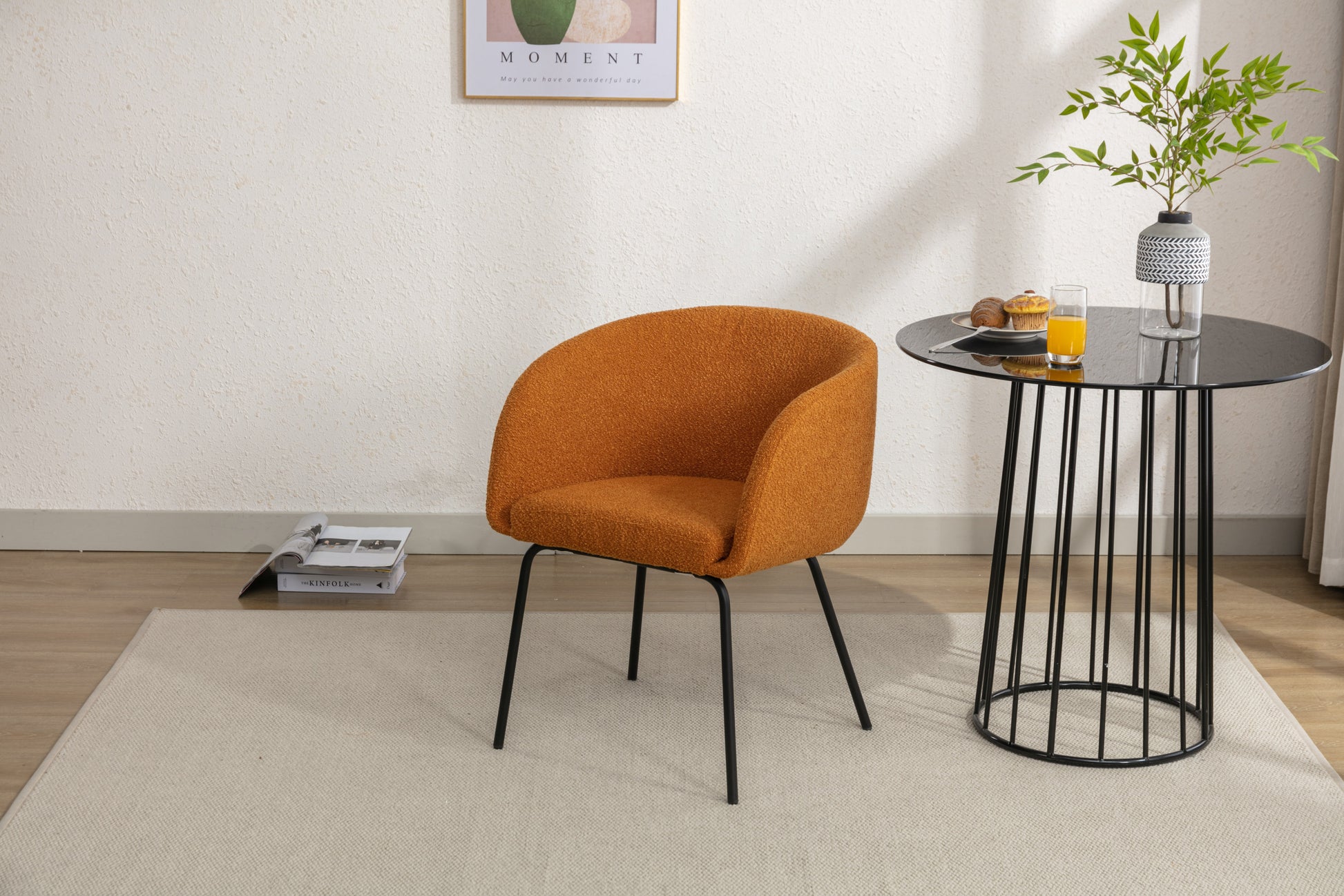 039 Set Of 1 Boucle Fabric Dining Chair With Black Metal Legs,Ginger Wood Ginger Dining Room Foam Wipe Clean Modern Dining Chairs Wing Back Foam Boucle