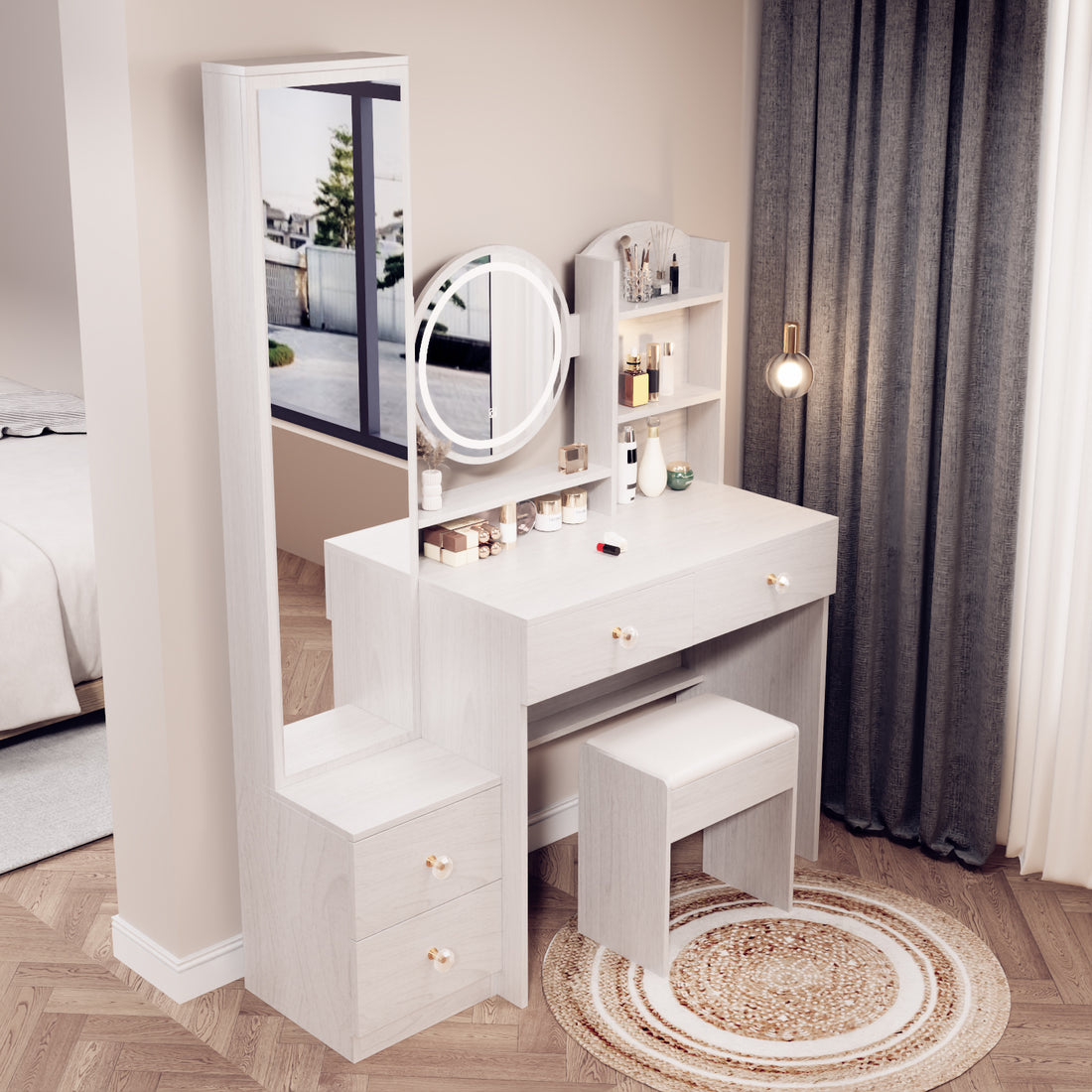 Full Body Mirror Cabinet Round Mirror Led Vanity Table Cushioned Stool, 17" Diameter Led Mirror, Touch Control, 3 Color, Brightness Adjustable, Large Desktop, Multi Layer High Capacity Storage White Oak Mdf