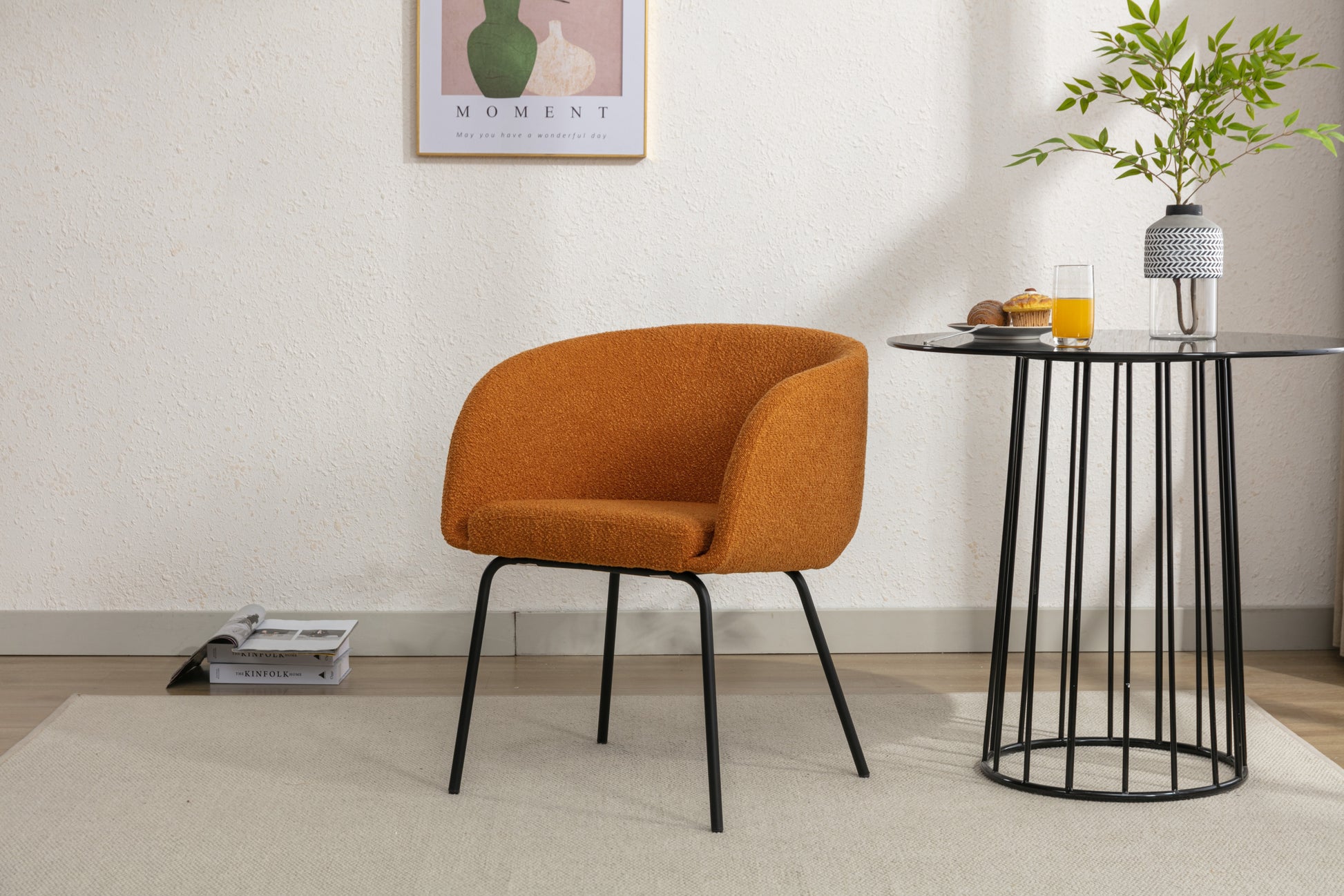 039 Set Of 1 Boucle Fabric Dining Chair With Black Metal Legs,Ginger Wood Ginger Dining Room Foam Wipe Clean Modern Dining Chairs Wing Back Foam Boucle