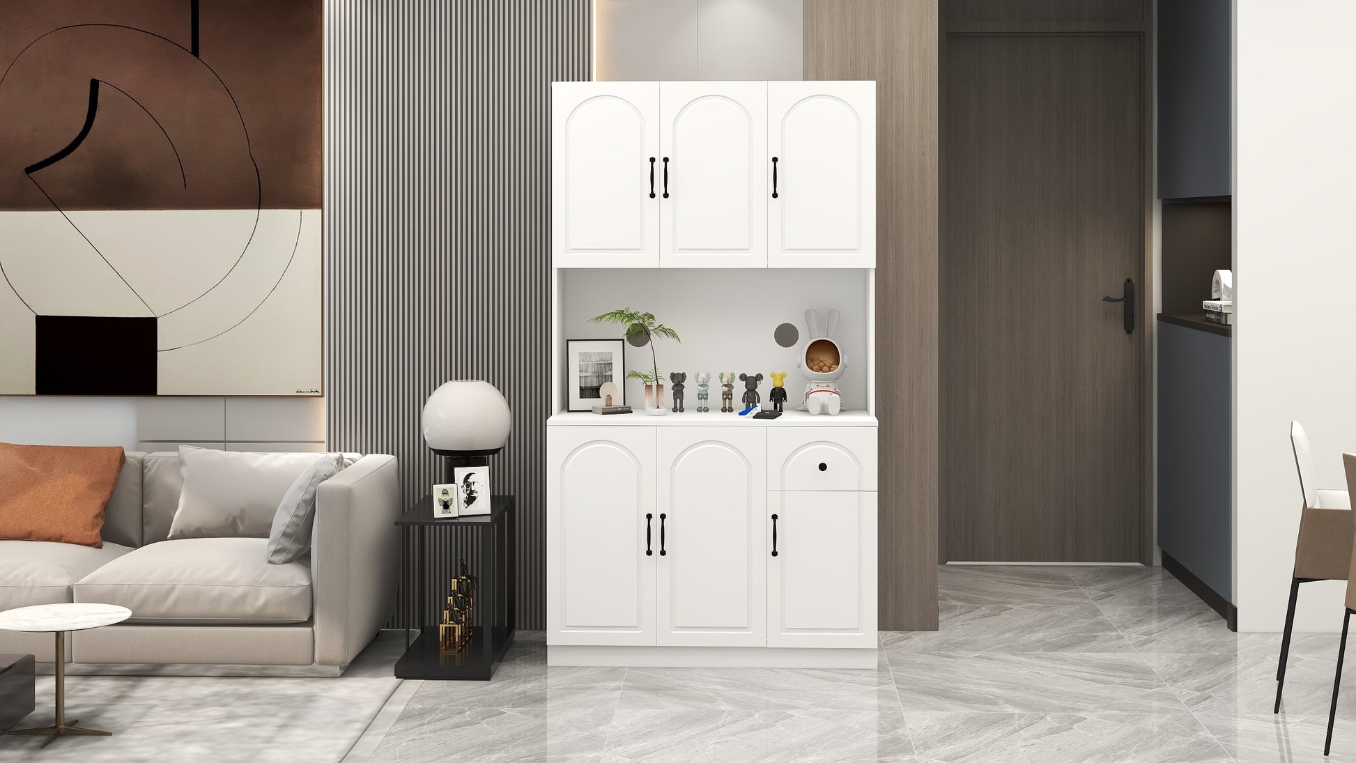 71" Kitchen Pantry Storage Cabinet With Microwave Oven Countertop, Freestanding Hutch Cabinet With Adjustable Shelves, 6 Doors And 1 Drawer White White Mdf