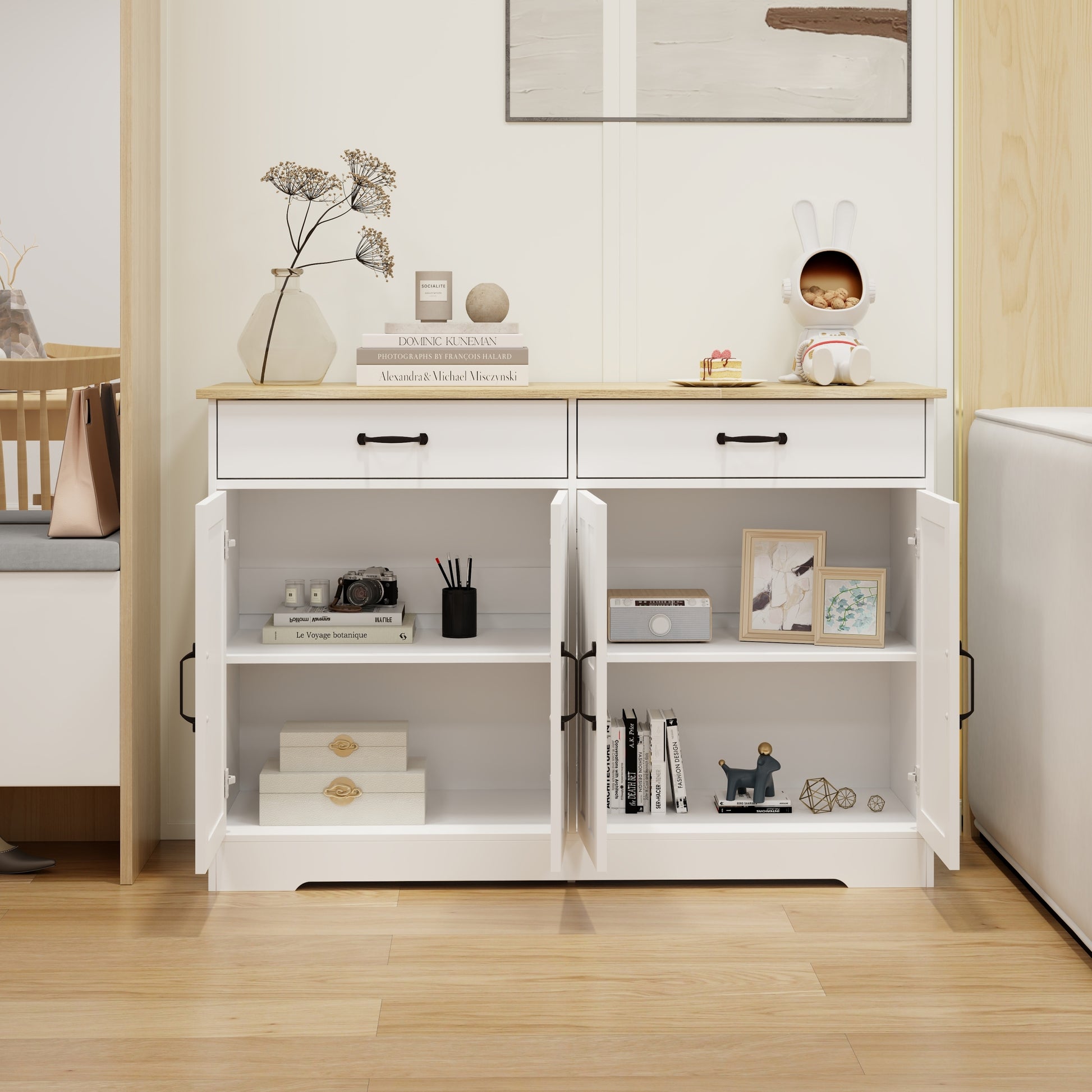 47.95" Farmhouse Buffet Cabinet Storage Sideboard With 2 Drawers And 4 Doors For Dining Living Room Kitchen Cupboard White White Mdf