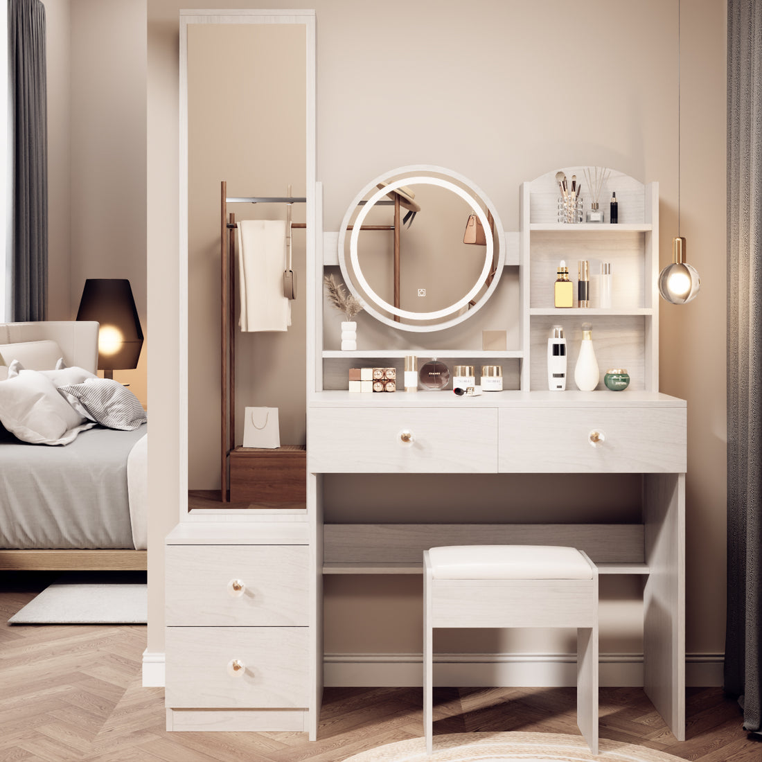 Full Body Mirror Cabinet Round Mirror Led Vanity Table Cushioned Stool, 17" Diameter Led Mirror, Touch Control, 3 Color, Brightness Adjustable, Large Desktop, Multi Layer High Capacity Storage White Oak Mdf